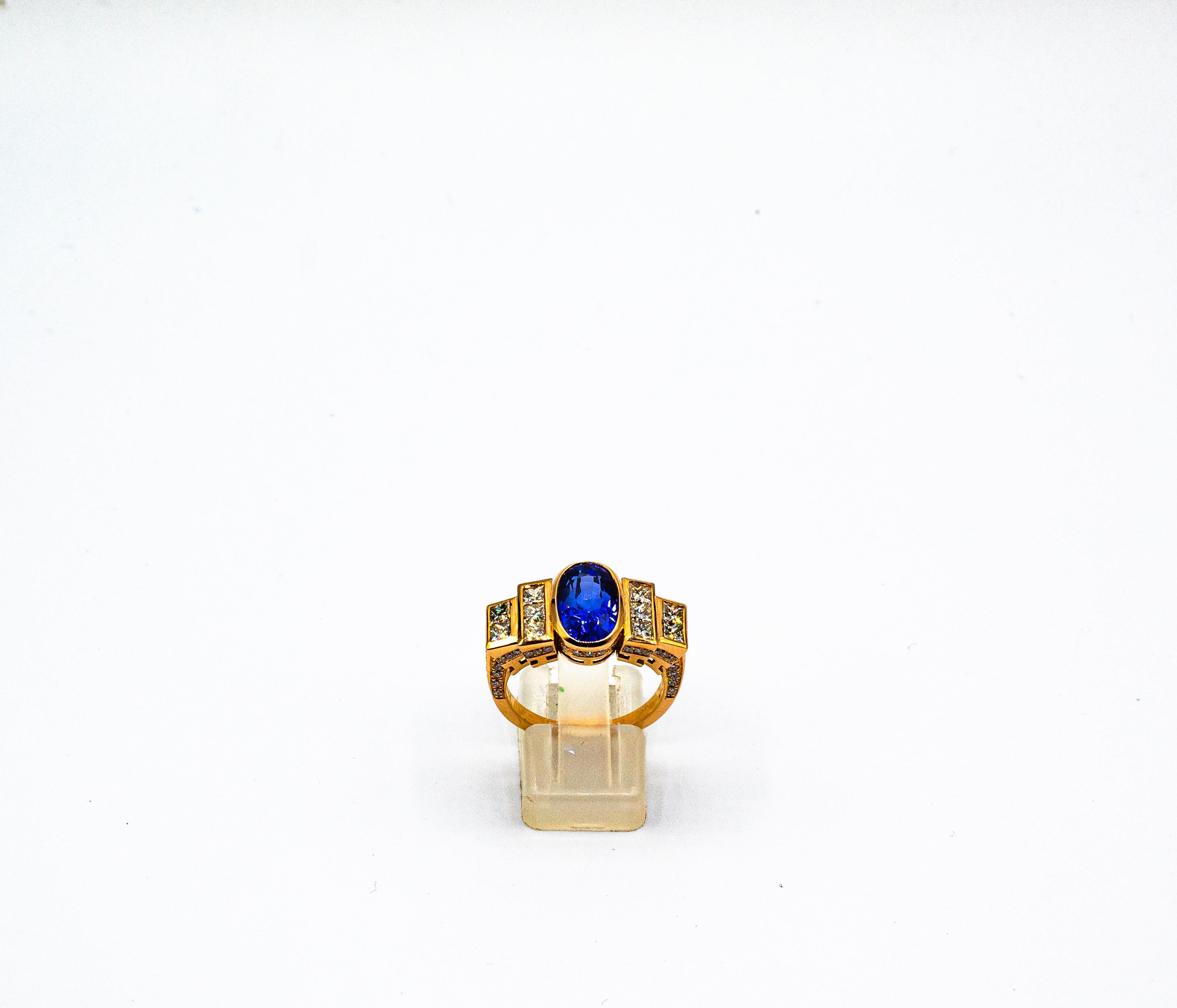 Art Deco Style White Diamond Oval Cut Blue Sapphire Yellow Gold Cocktail Ring In New Condition For Sale In Naples, IT