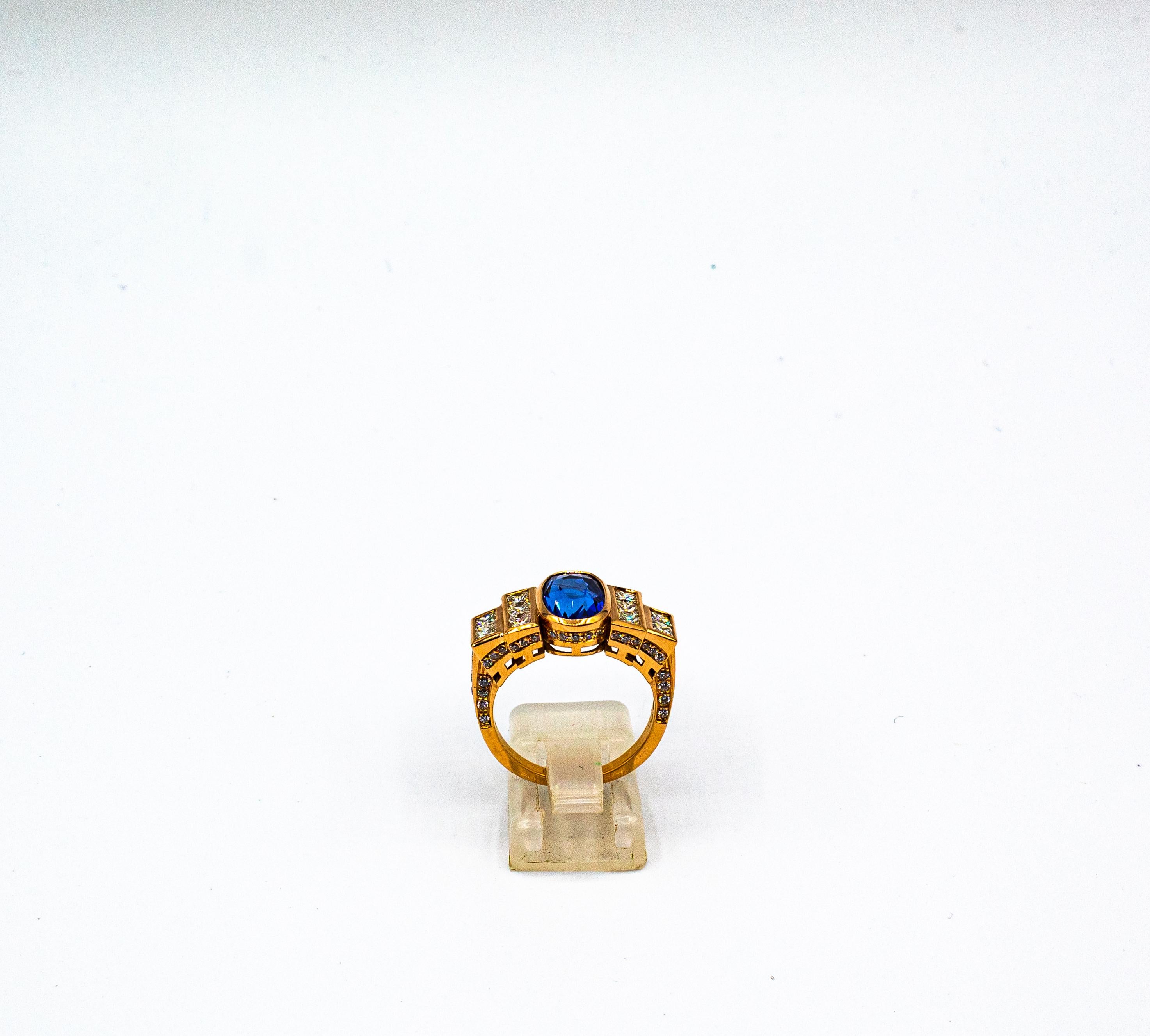 Women's or Men's Art Deco Style White Diamond Oval Cut Blue Sapphire Yellow Gold Cocktail Ring