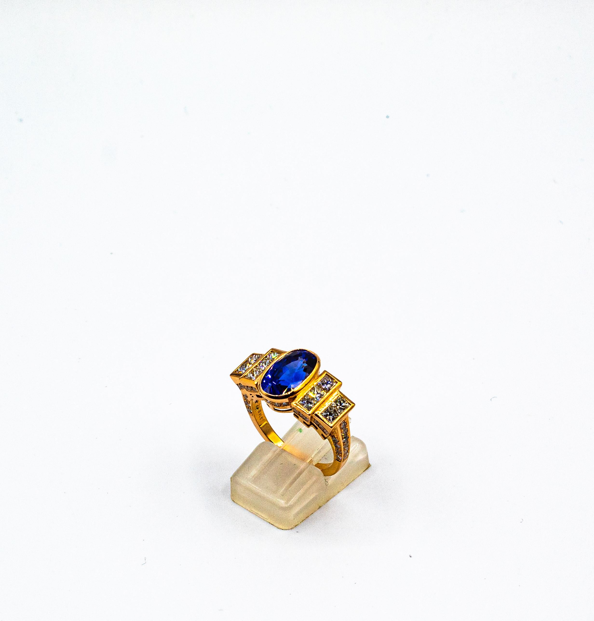 Women's or Men's Art Deco Style White Diamond Oval Cut Blue Sapphire Yellow Gold Cocktail Ring