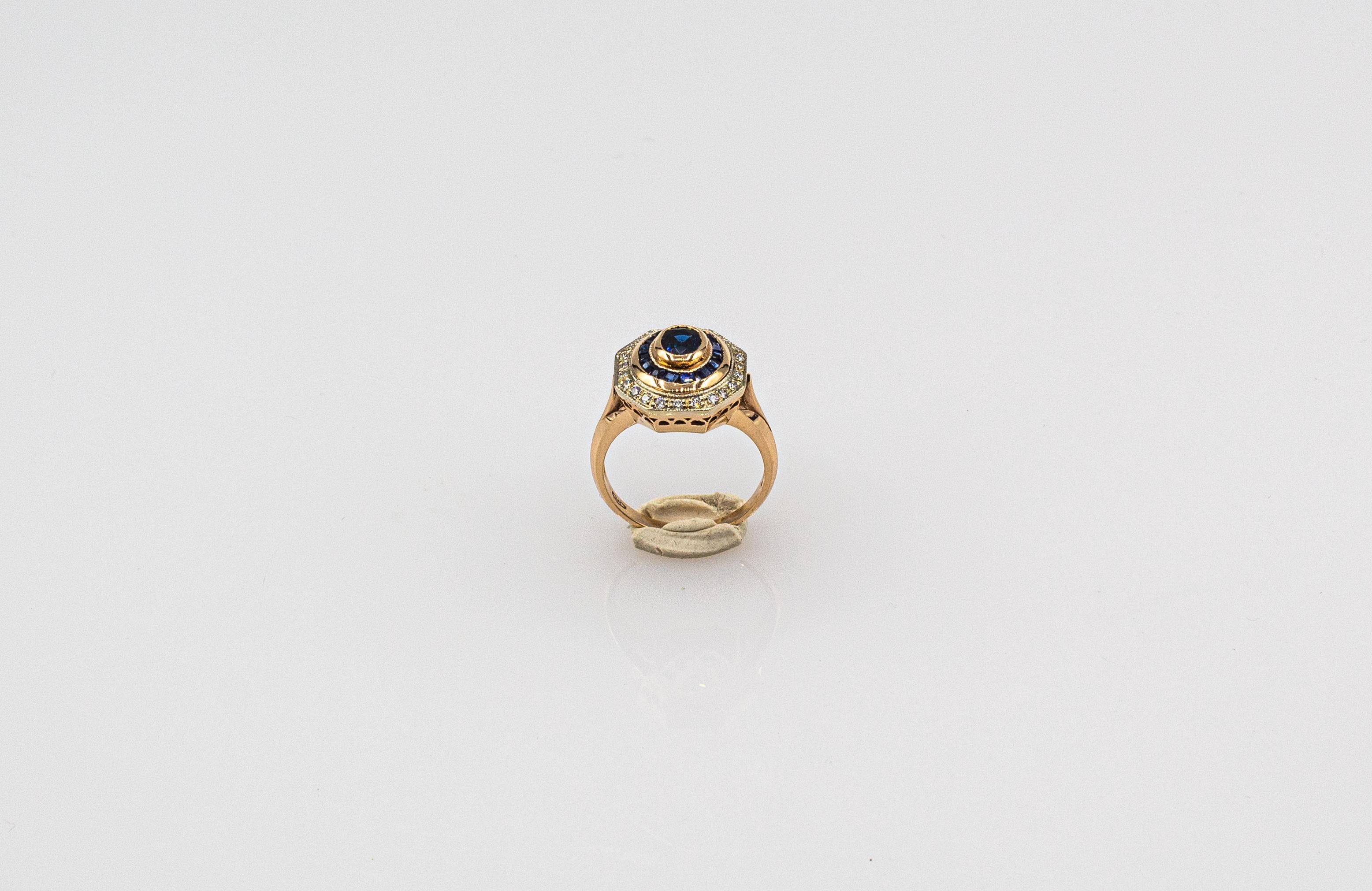 Women's or Men's Art Deco Style White Diamond Oval Cut Blue Sapphire Yellow Gold Cocktail Ring For Sale