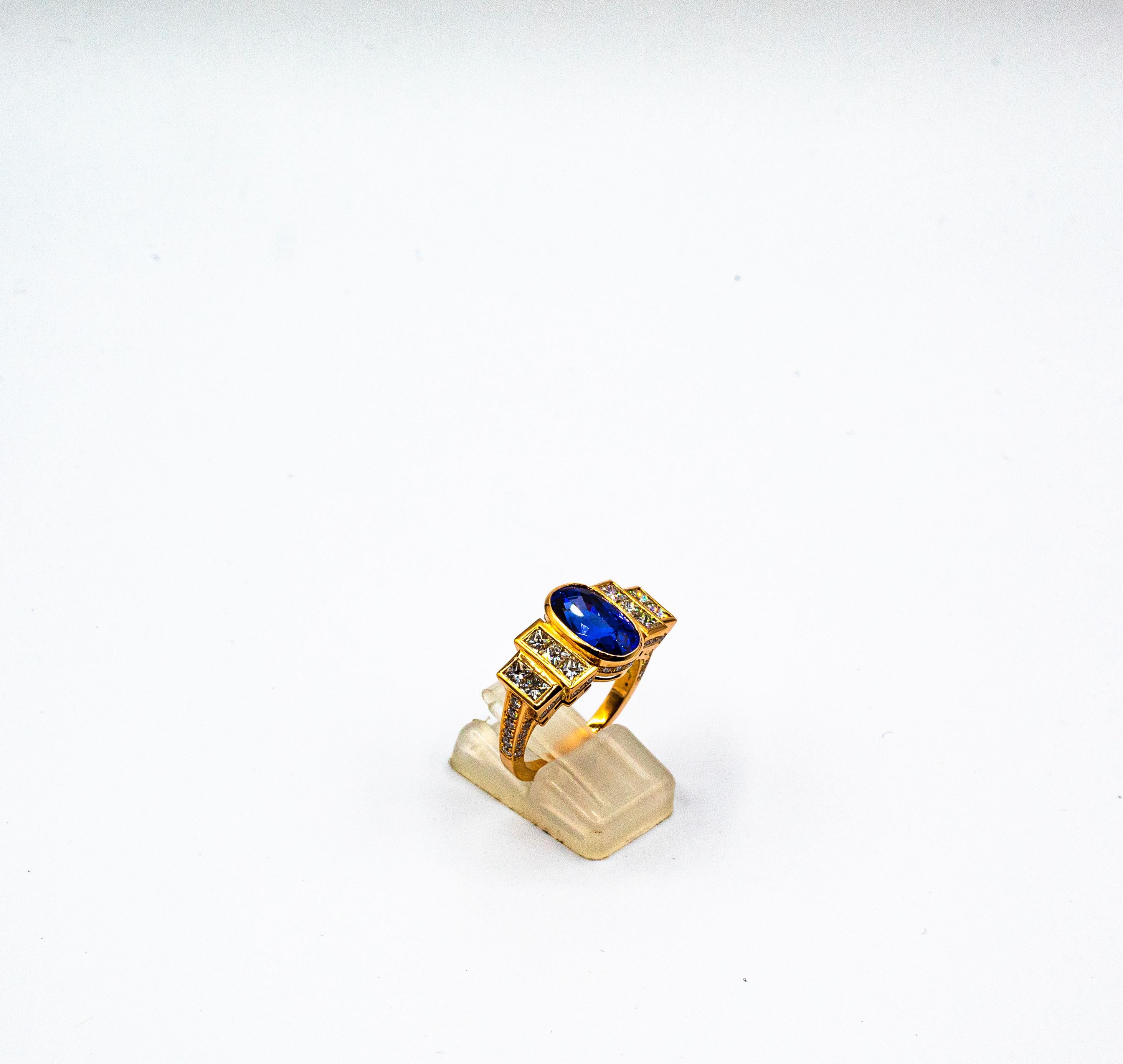 Art Deco Style White Diamond Oval Cut Blue Sapphire Yellow Gold Cocktail Ring 1