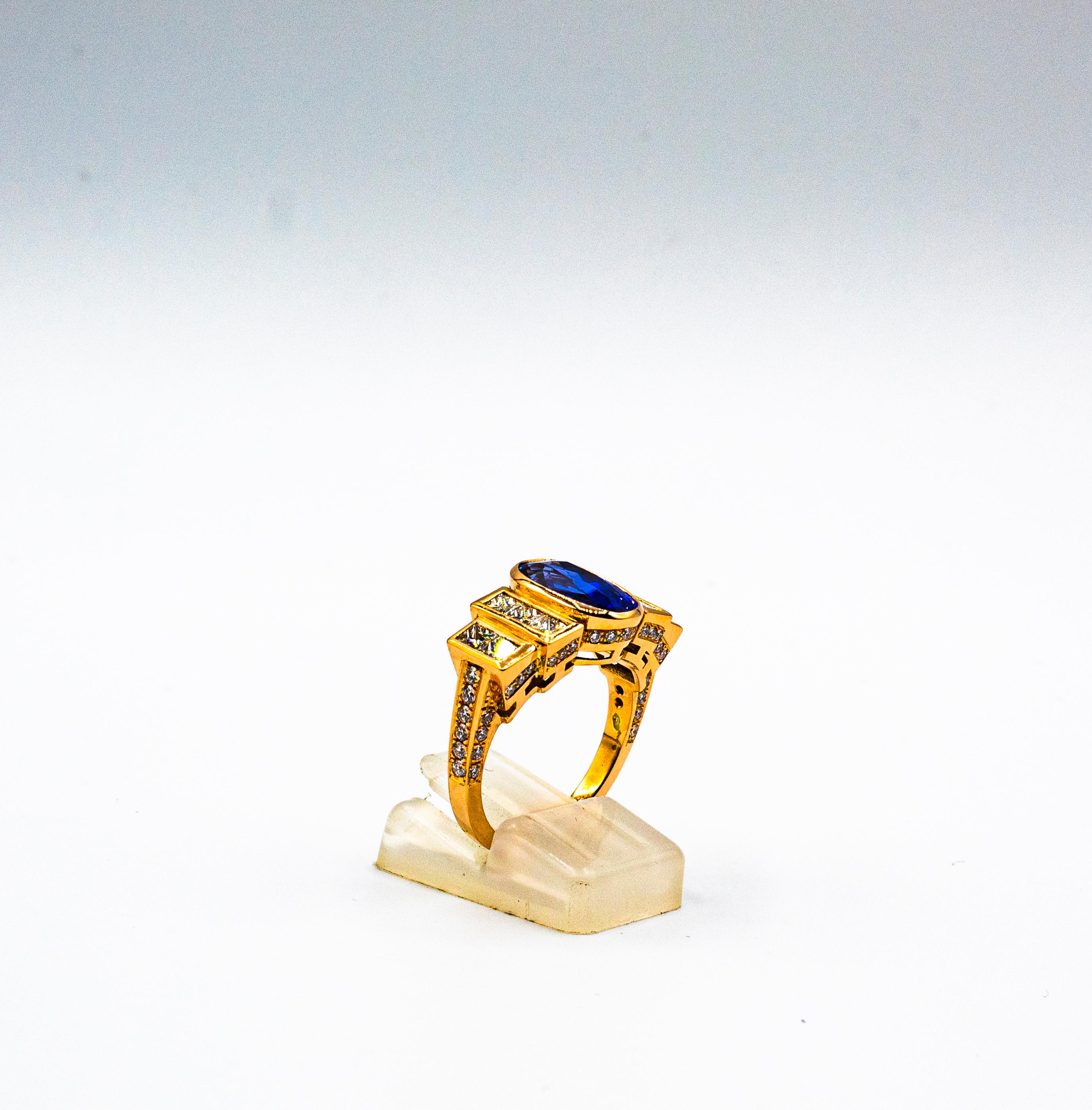 Art Deco Style White Diamond Oval Cut Blue Sapphire Yellow Gold Cocktail Ring 2