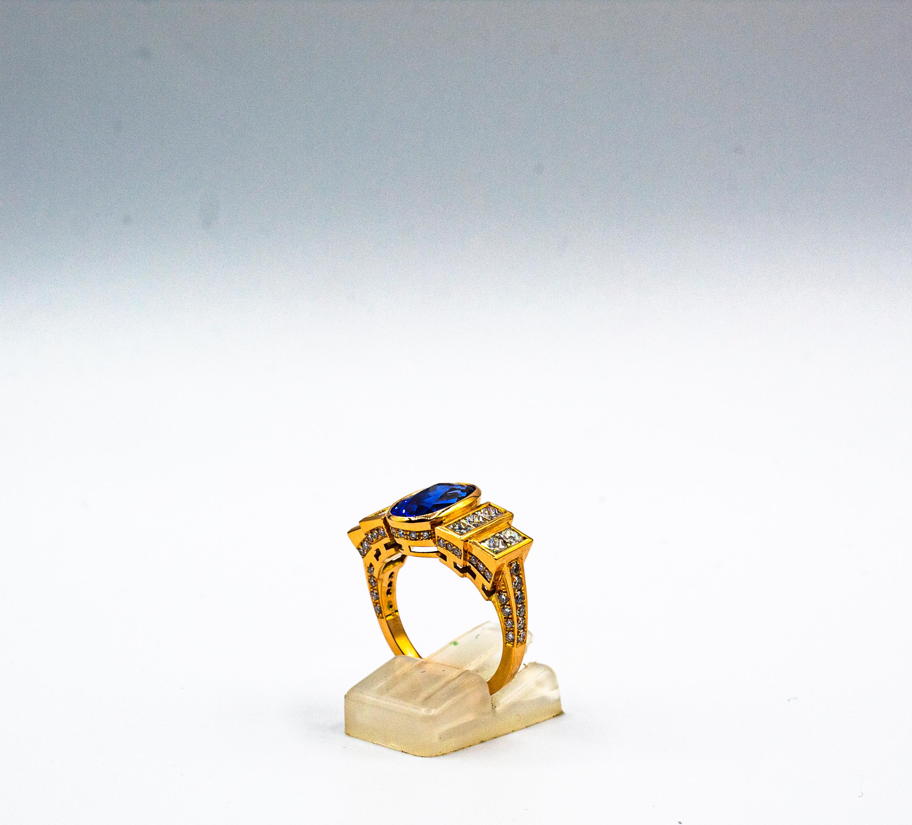 Art Deco Style White Diamond Oval Cut Blue Sapphire Yellow Gold Cocktail Ring 3