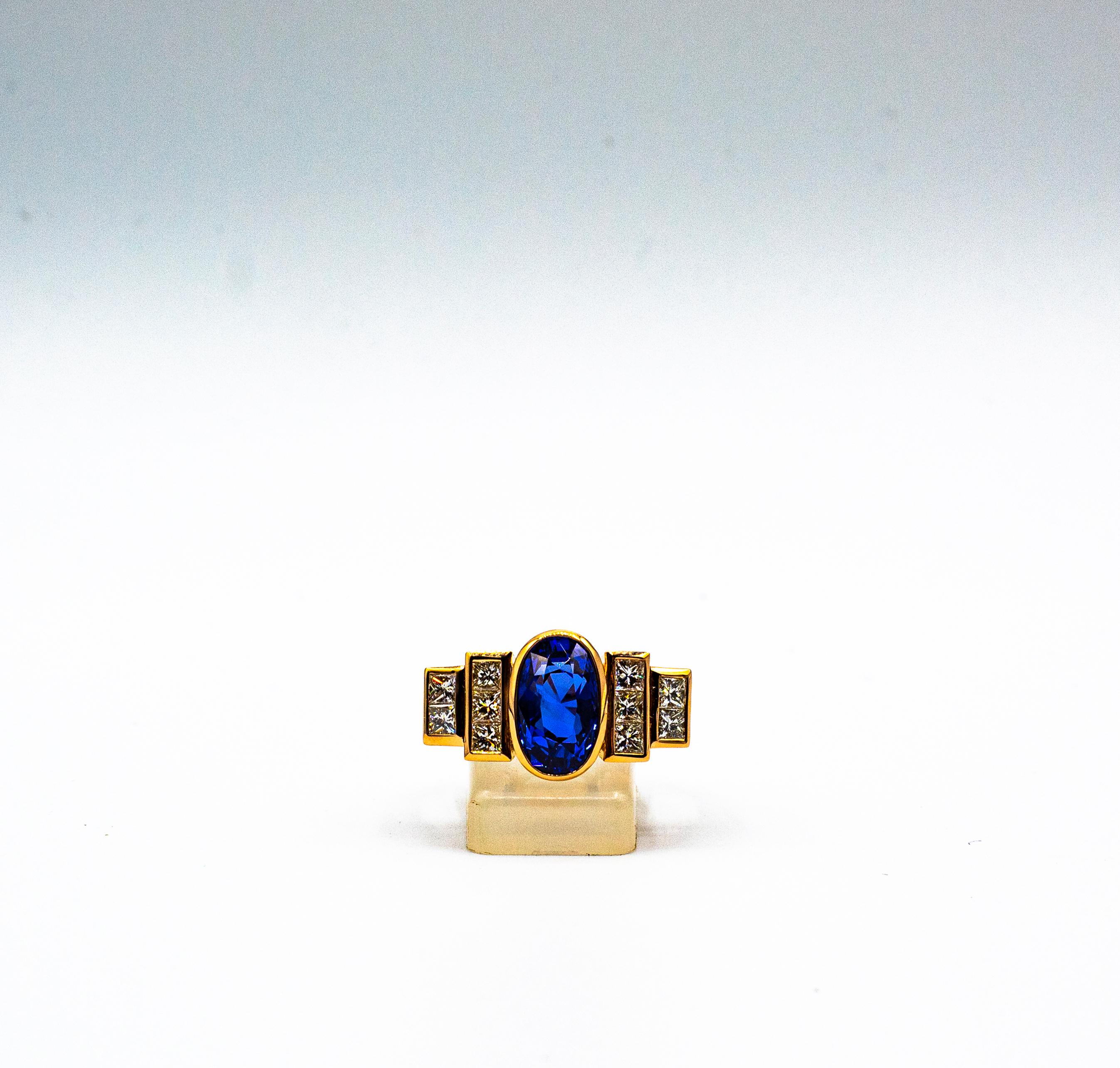 Art Deco Style White Diamond Oval Cut Blue Sapphire Yellow Gold Cocktail Ring 4