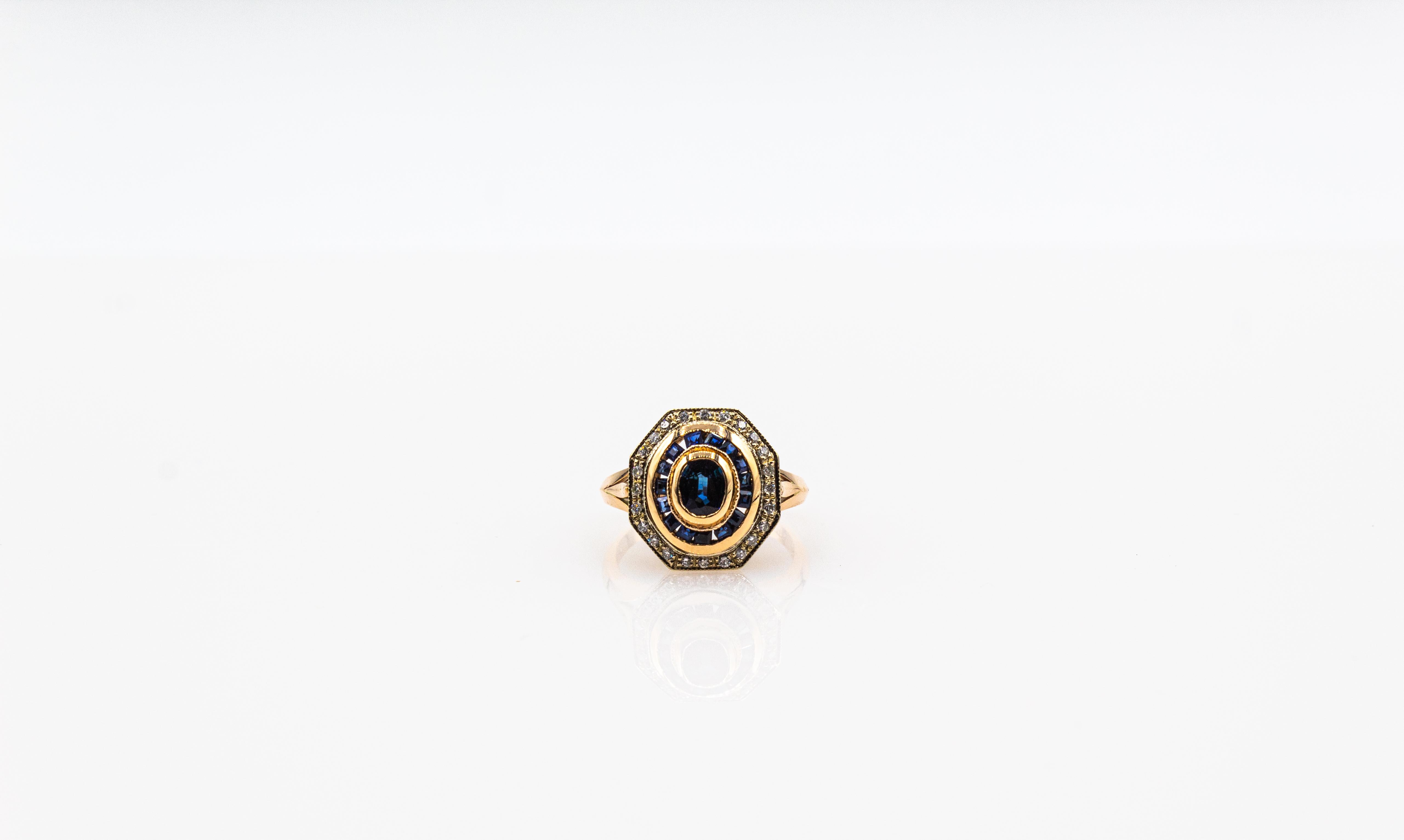 Art Deco Style White Diamond Oval Cut Blue Sapphire Yellow Gold Cocktail Ring For Sale 4