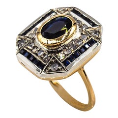 Art Deco Style White Diamond Oval Cut Blue Sapphire Yellow Gold Cocktail Ring