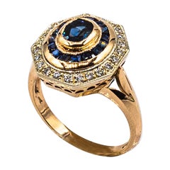 Art Deco Style White Diamond Oval Cut Blue Sapphire Yellow Gold Cocktail Ring