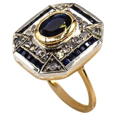 Art Deco Style White Diamond Oval Cut Blue Sapphire Yellow Gold Cocktail Ring