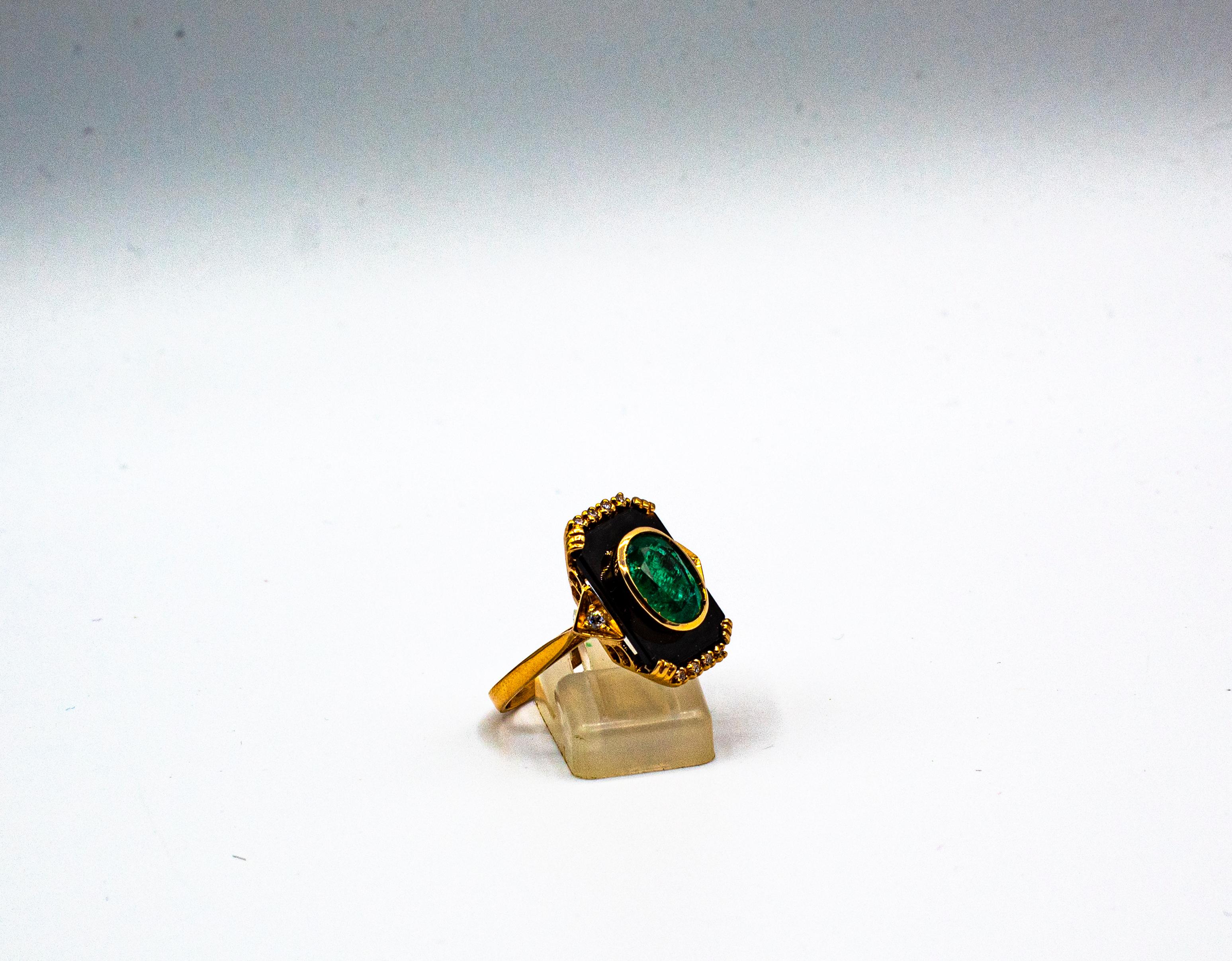 Art Deco Style White Diamond Oval Cut Emerald Onyx Yellow Gold Cocktail Ring 5