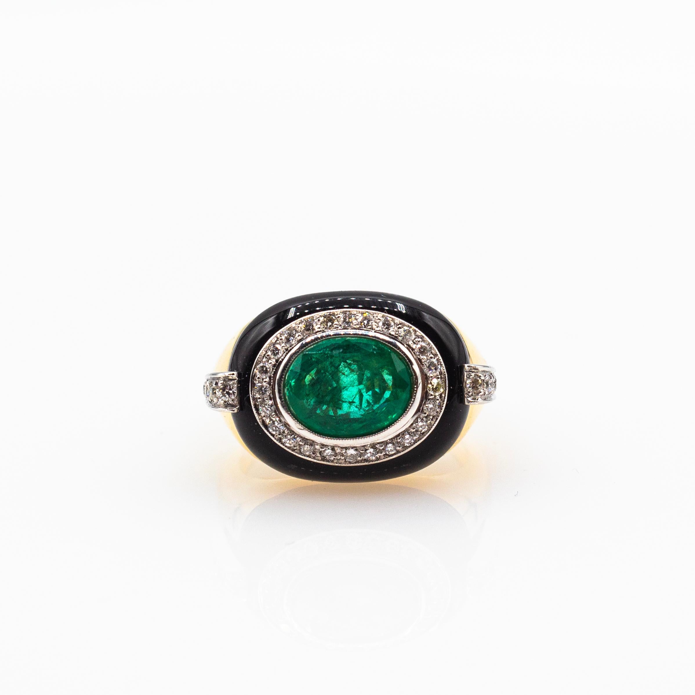 Art Deco Style White Diamond Oval Cut Emerald Onyx Yellow Gold Cocktail Ring For Sale 5
