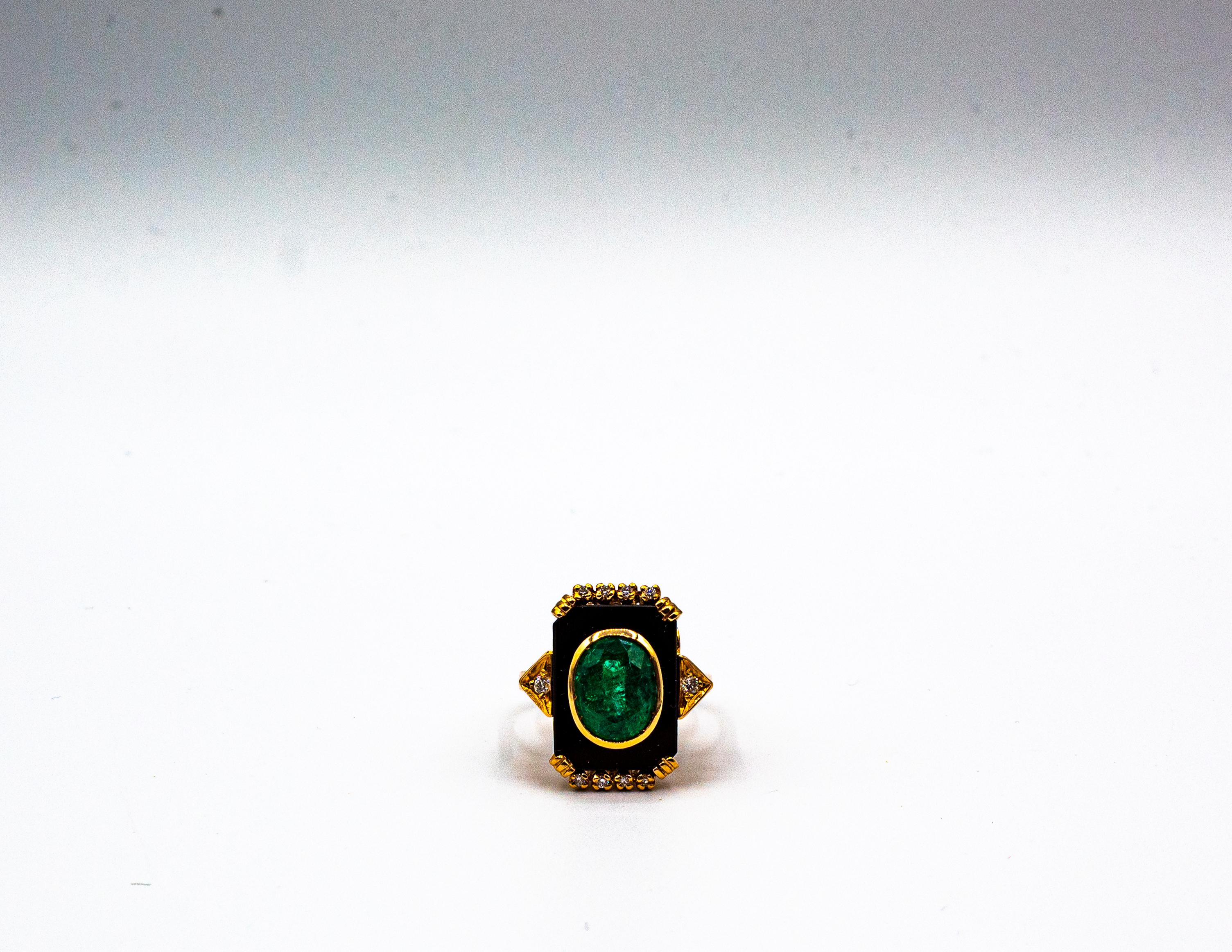 Art Deco Style White Diamond Oval Cut Emerald Onyx Yellow Gold Cocktail Ring 6
