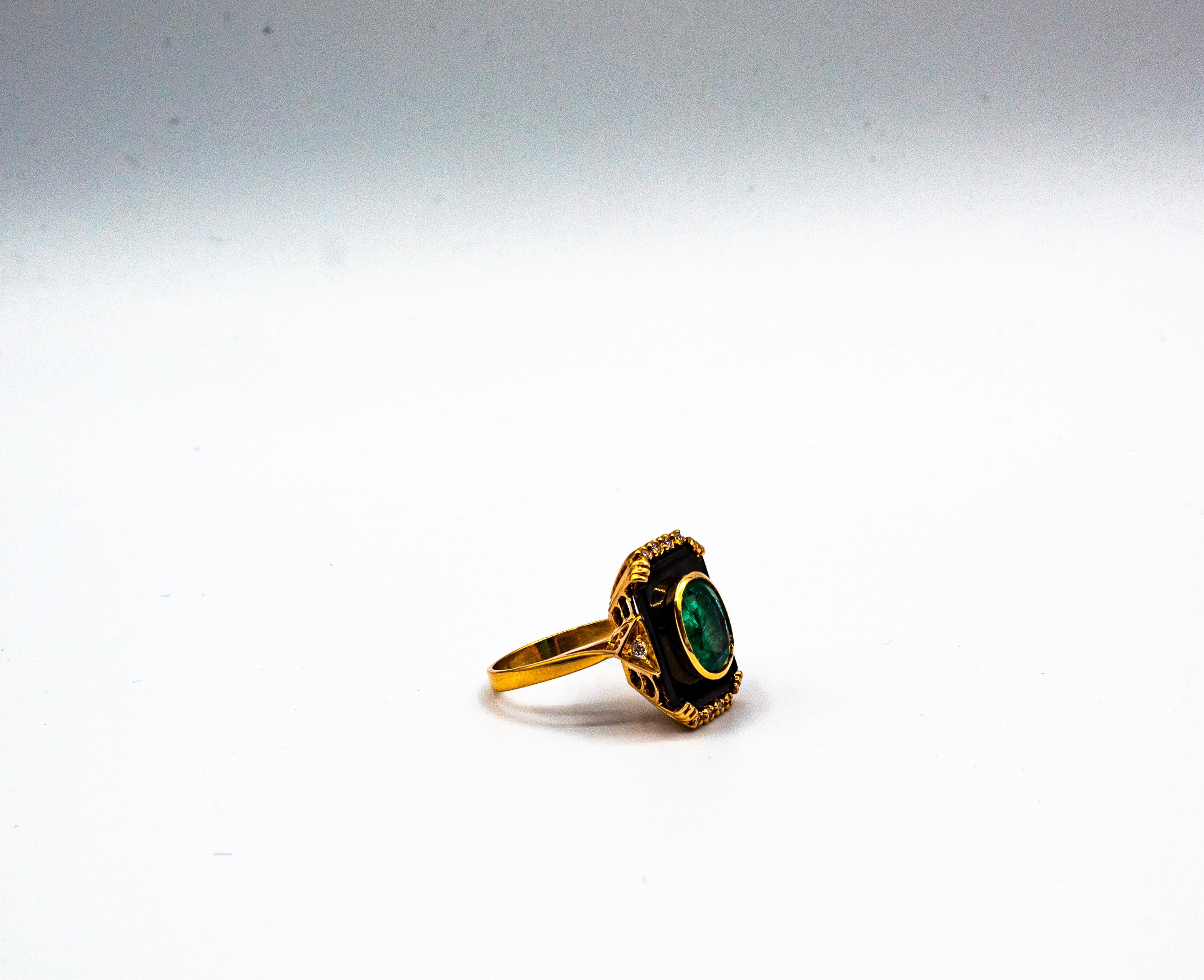 Art Deco Style White Diamond Oval Cut Emerald Onyx Yellow Gold Cocktail Ring 7
