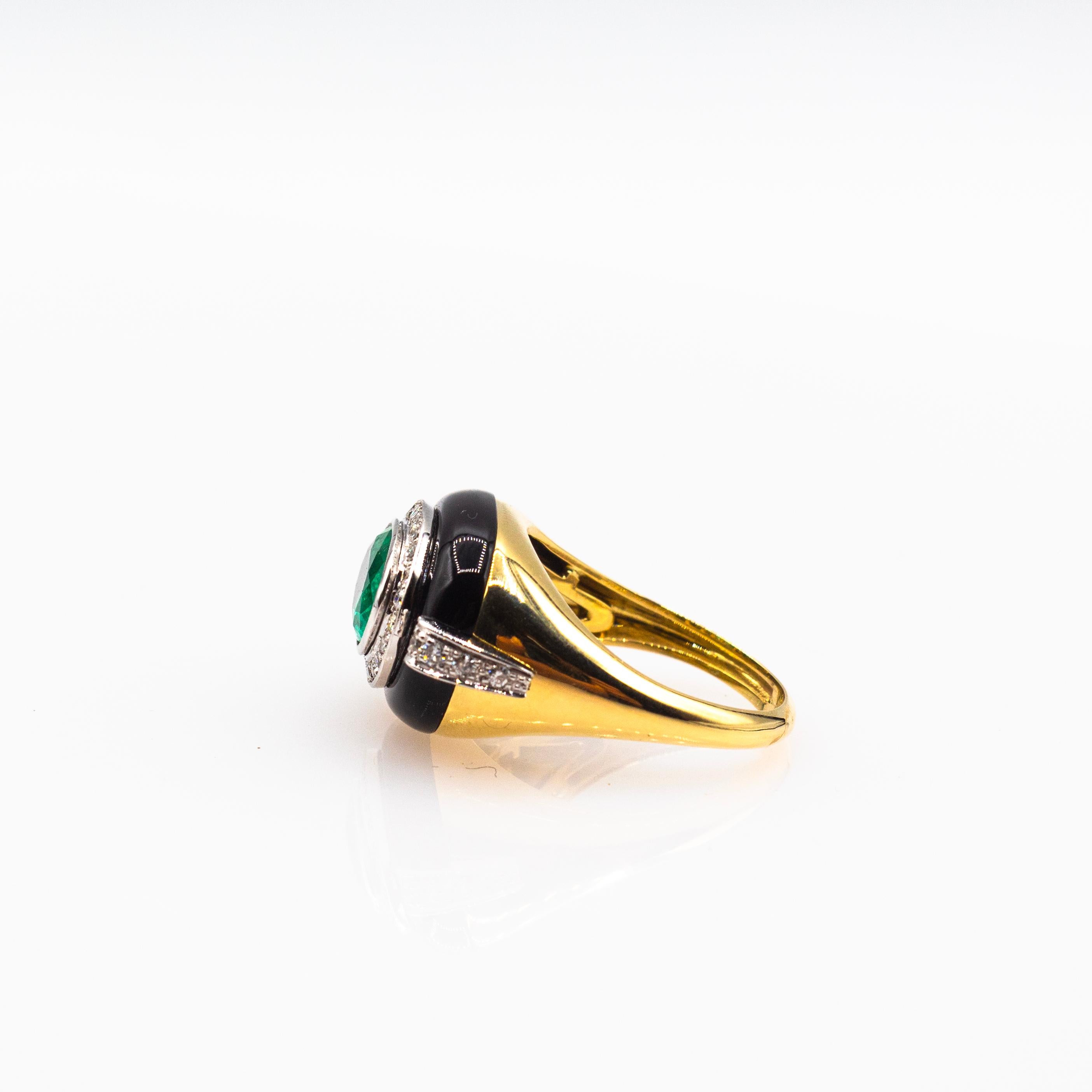 Art Deco Style White Diamond Oval Cut Emerald Onyx Yellow Gold Cocktail Ring For Sale 7