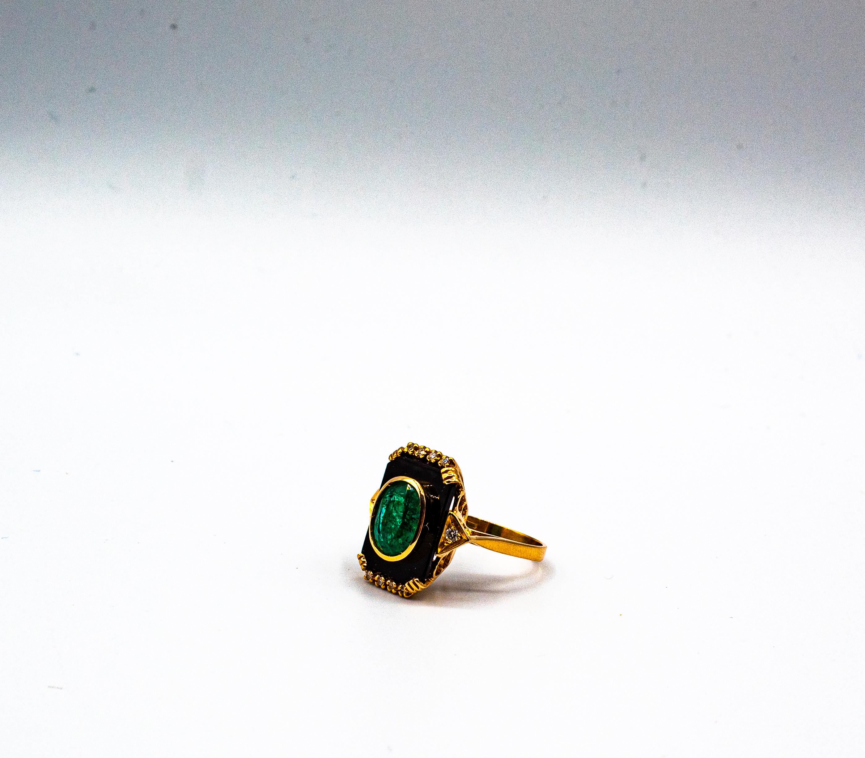 Art Deco Style White Diamond Oval Cut Emerald Onyx Yellow Gold Cocktail Ring 9