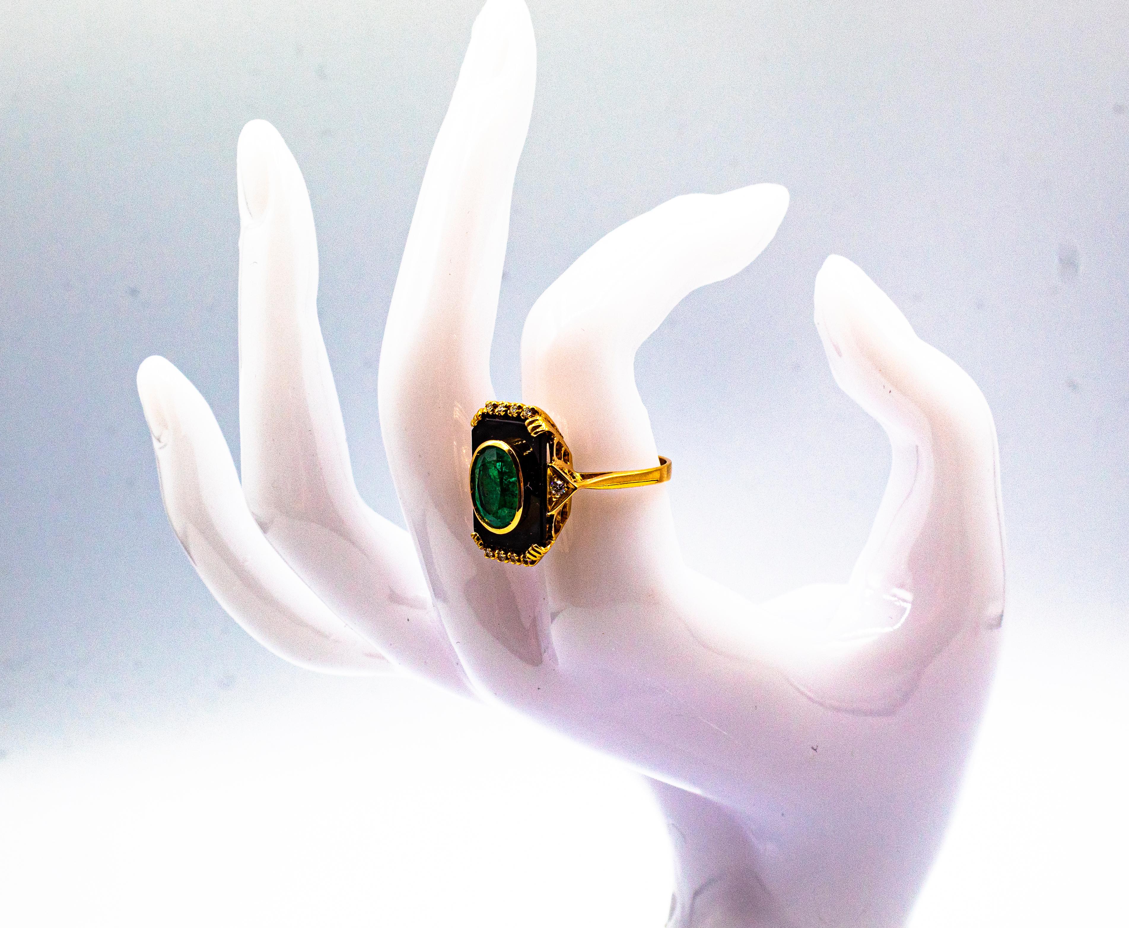Art Deco Style White Diamond Oval Cut Emerald Onyx Yellow Gold Cocktail Ring 11
