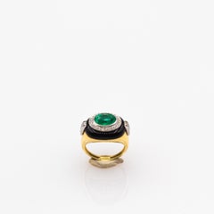 Art Deco Style White Diamond Oval Cut Emerald Onyx Yellow Gold Cocktail Ring