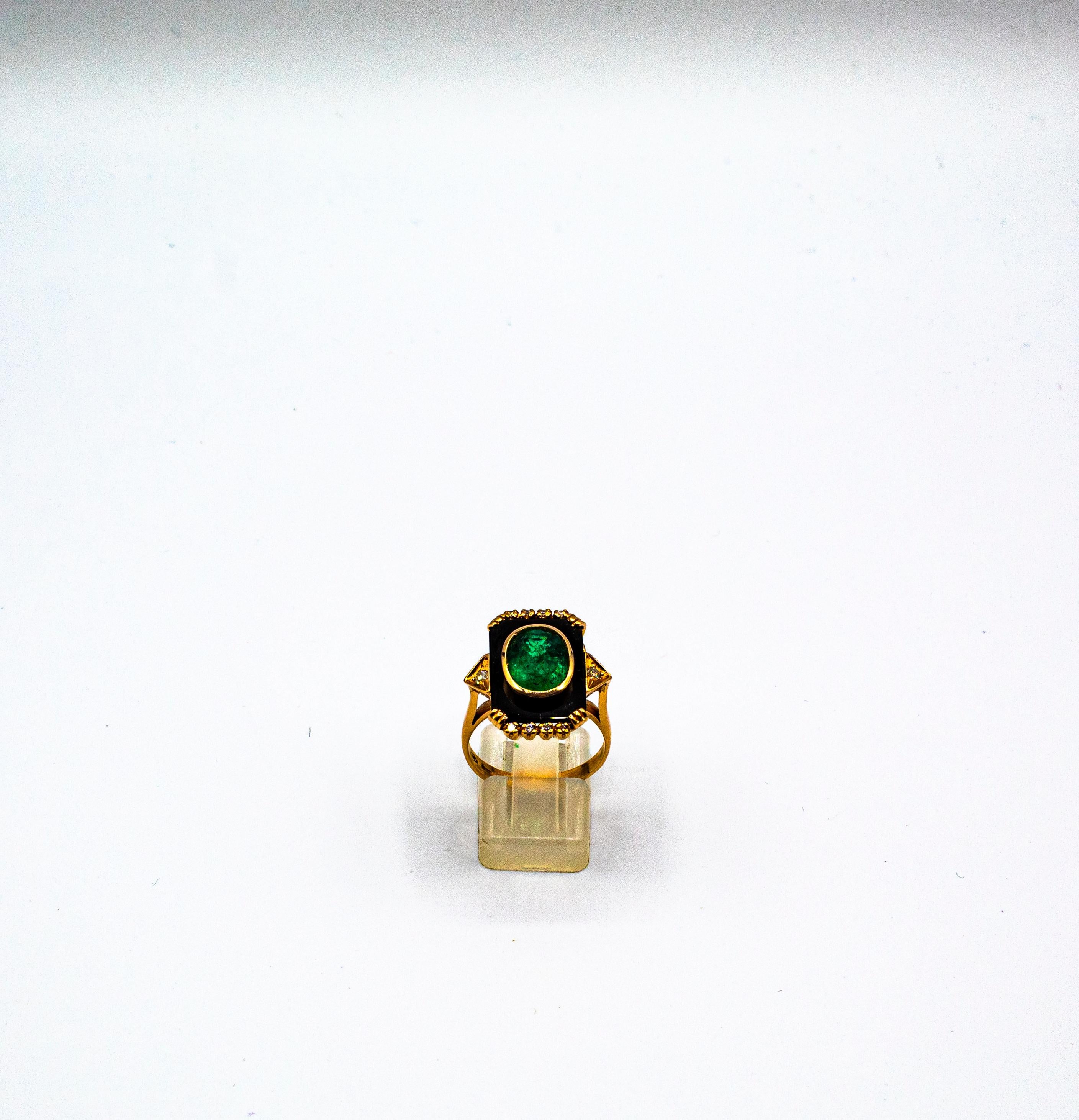 Women's or Men's Art Deco Style White Diamond Oval Cut Emerald Onyx Yellow Gold Cocktail Ring