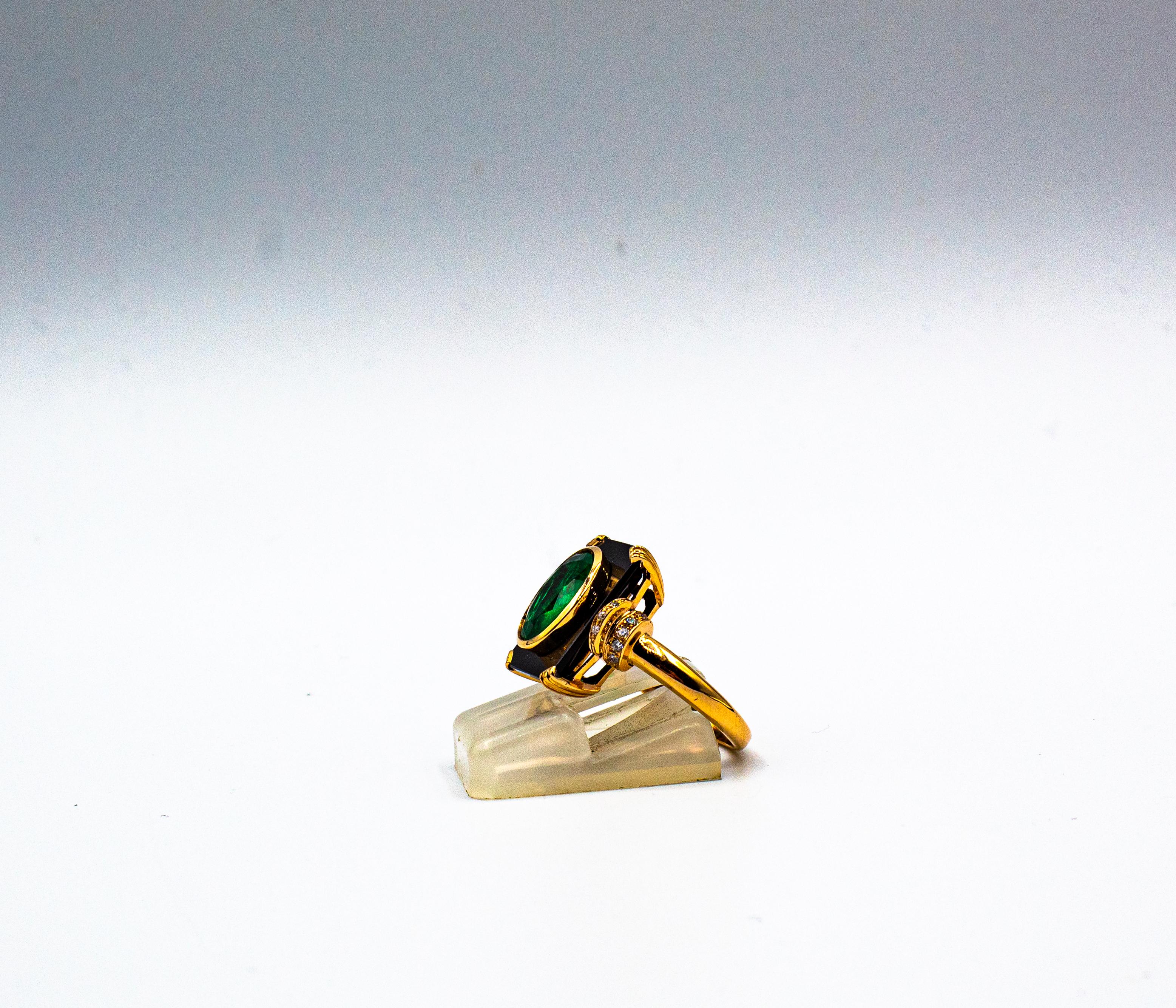 da uomo o donna Anello da cocktail in oro giallo con diamante bianco taglio ovale e smeraldo onice in stile Art Deco