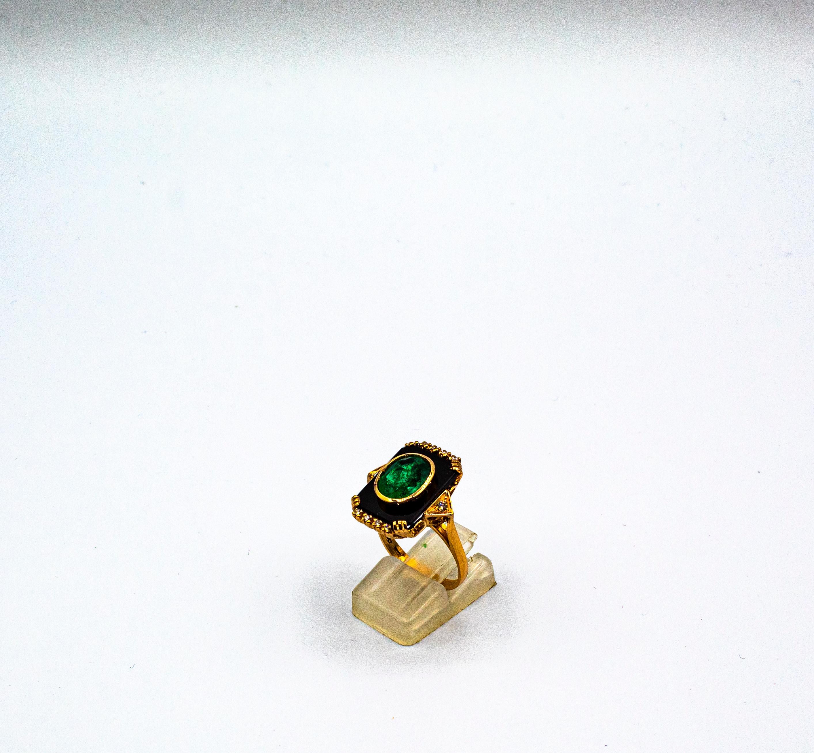 Art Deco Style White Diamond Oval Cut Emerald Onyx Yellow Gold Cocktail Ring For Sale 1
