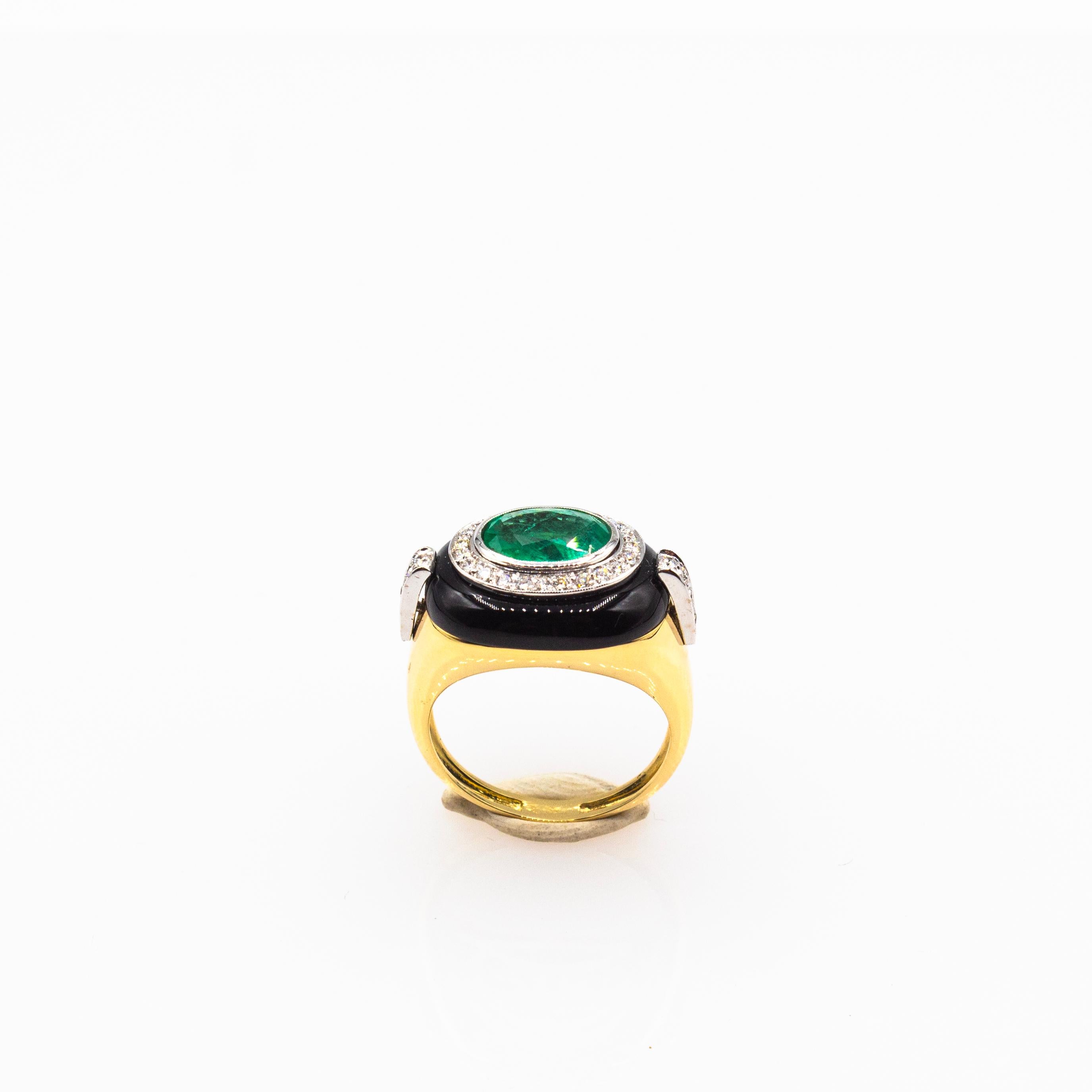 Art Deco Style White Diamond Oval Cut Emerald Onyx Yellow Gold Cocktail Ring For Sale 1