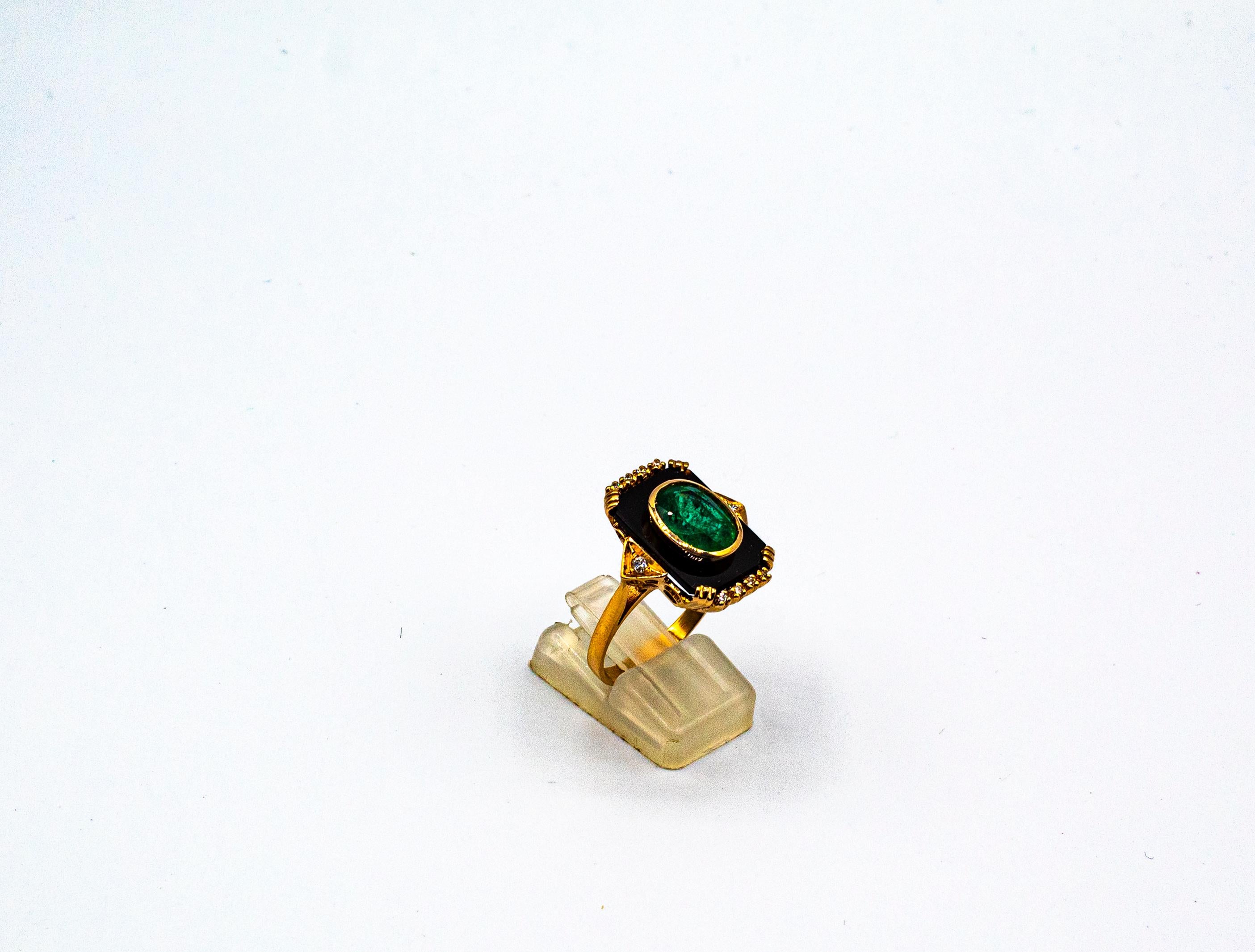 Art Deco Style White Diamond Oval Cut Emerald Onyx Yellow Gold Cocktail Ring For Sale 3
