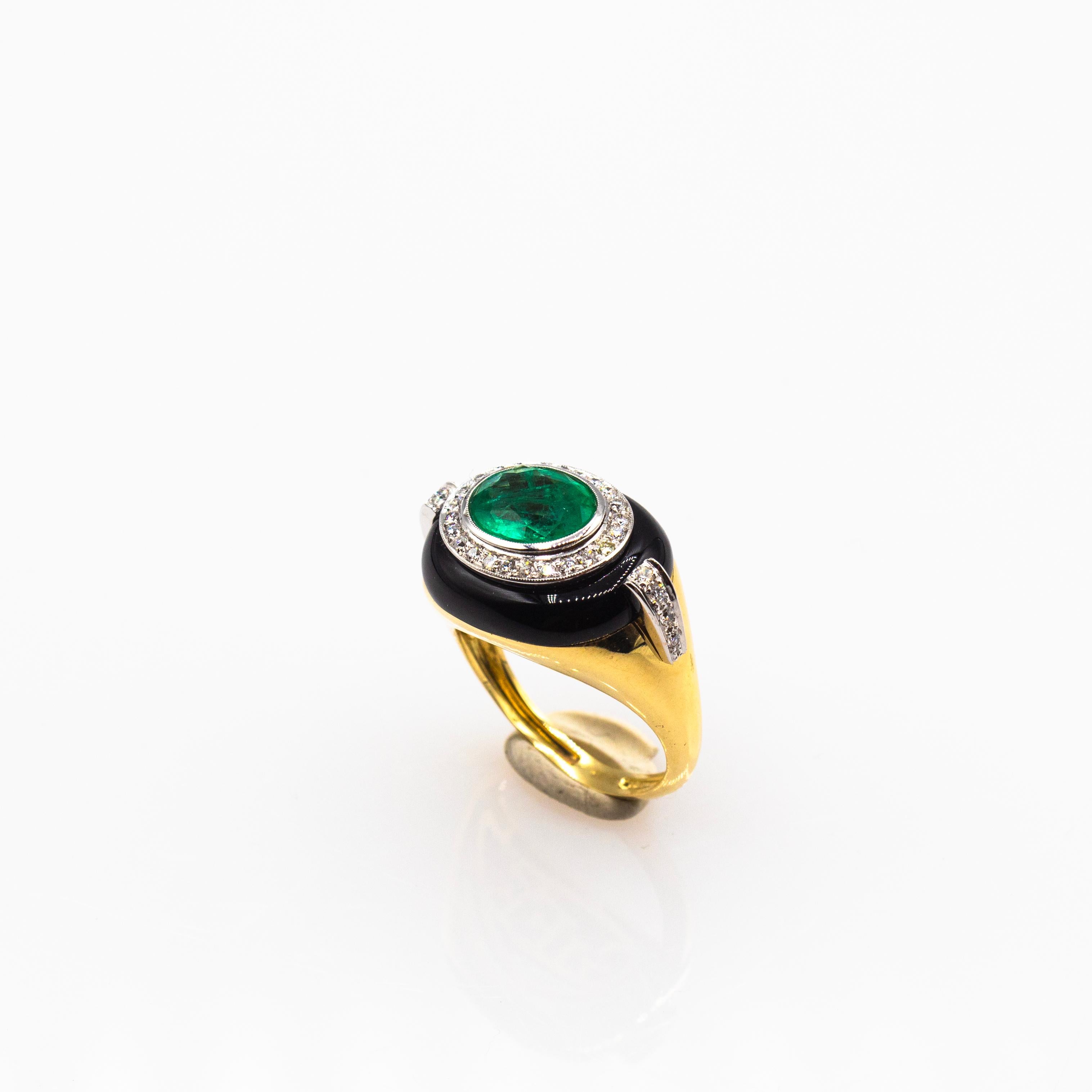 Art Deco Style White Diamond Oval Cut Emerald Onyx Yellow Gold Cocktail Ring For Sale 3
