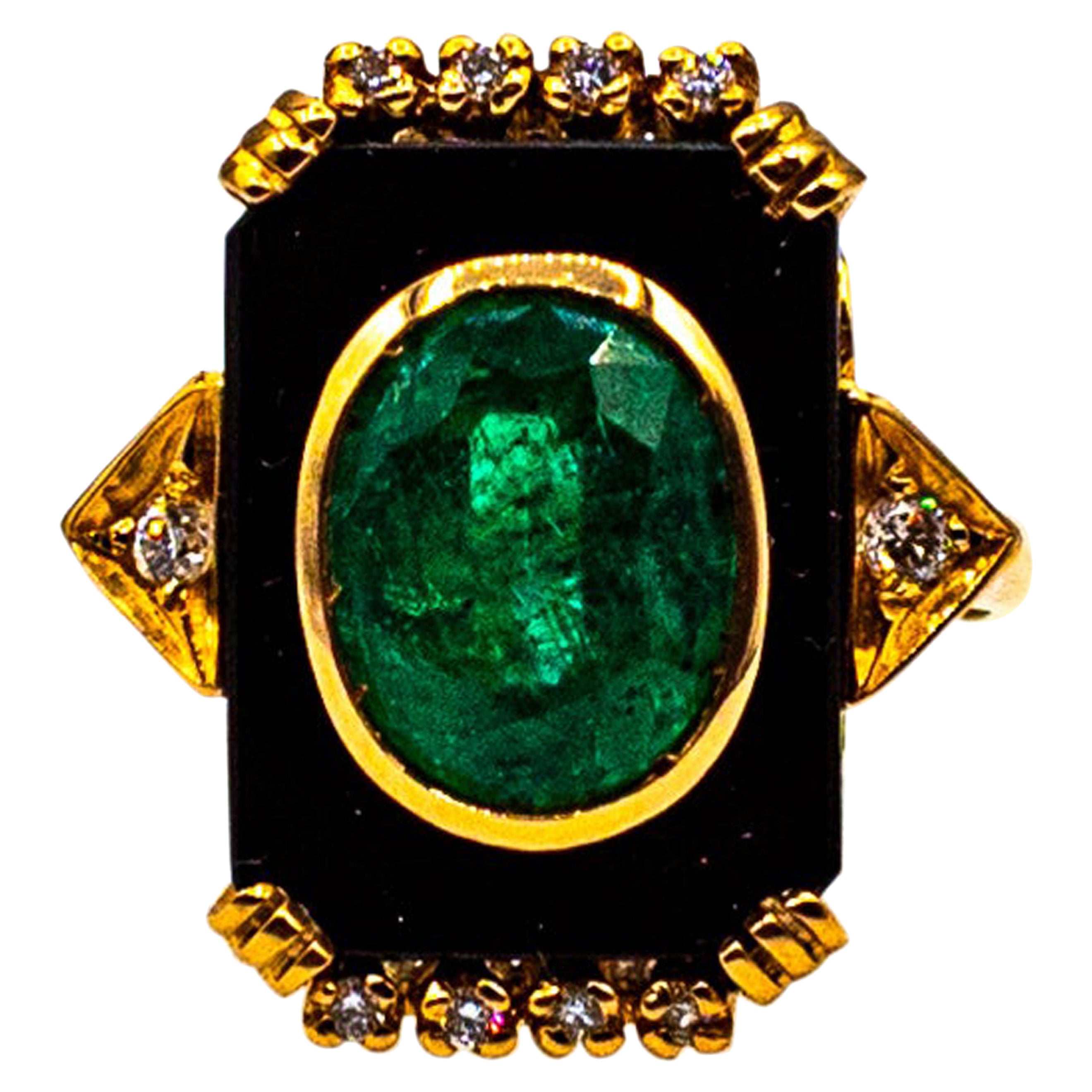 Art Deco Style White Diamond Oval Cut Emerald Onyx Yellow Gold Cocktail Ring For Sale