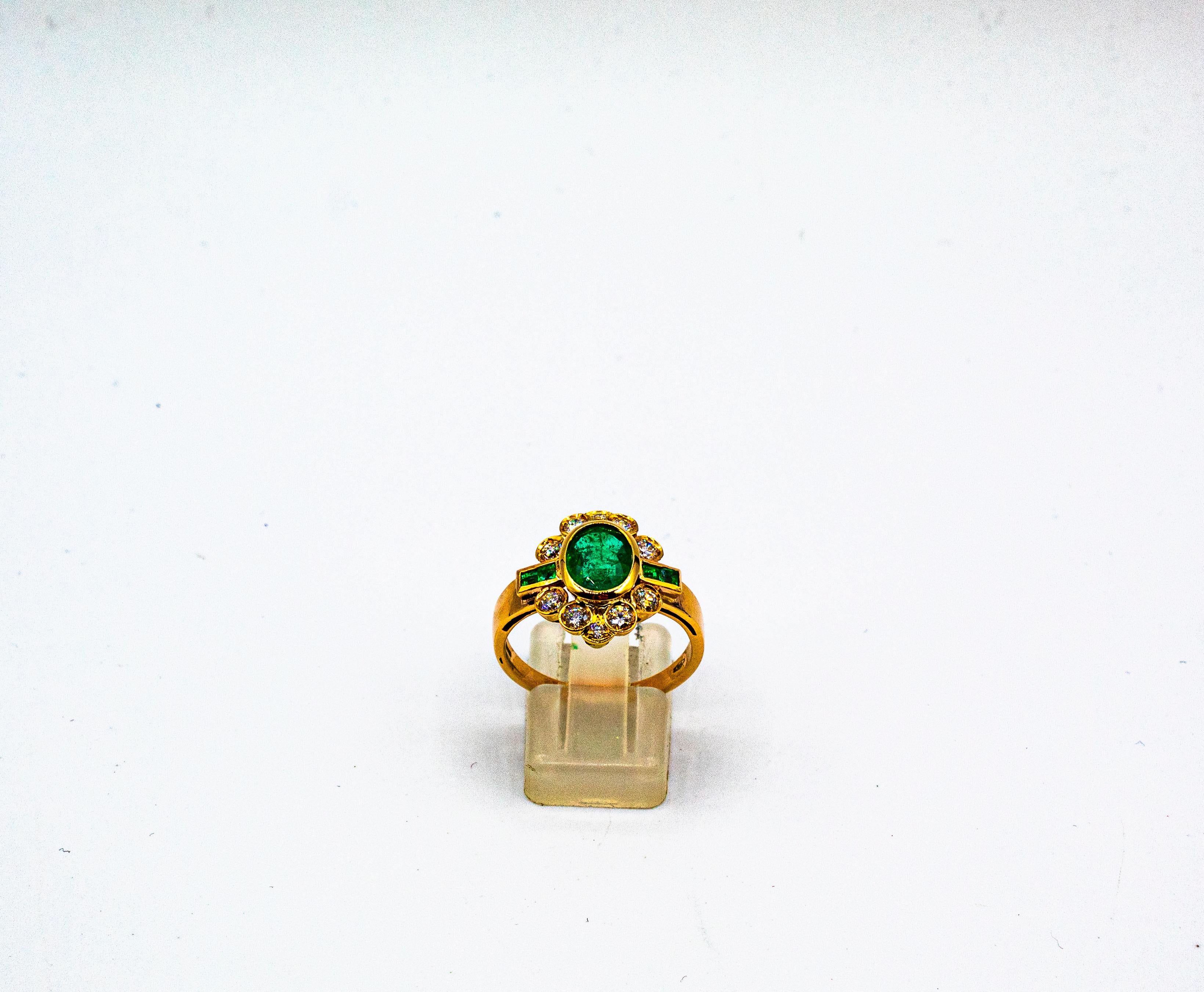 This Ring is made of 9K Yellow Gold.
This Ring has 0.55 Carats of White Brilliant Cut Diamonds.
This Ring has a 1.35 Carats Natural Zambia Oval Cut Emerald.
This Ring has 0.20 Carats Carré Cut Emeralds.
This Ring is inspired by Art Deco.

Size ITA: