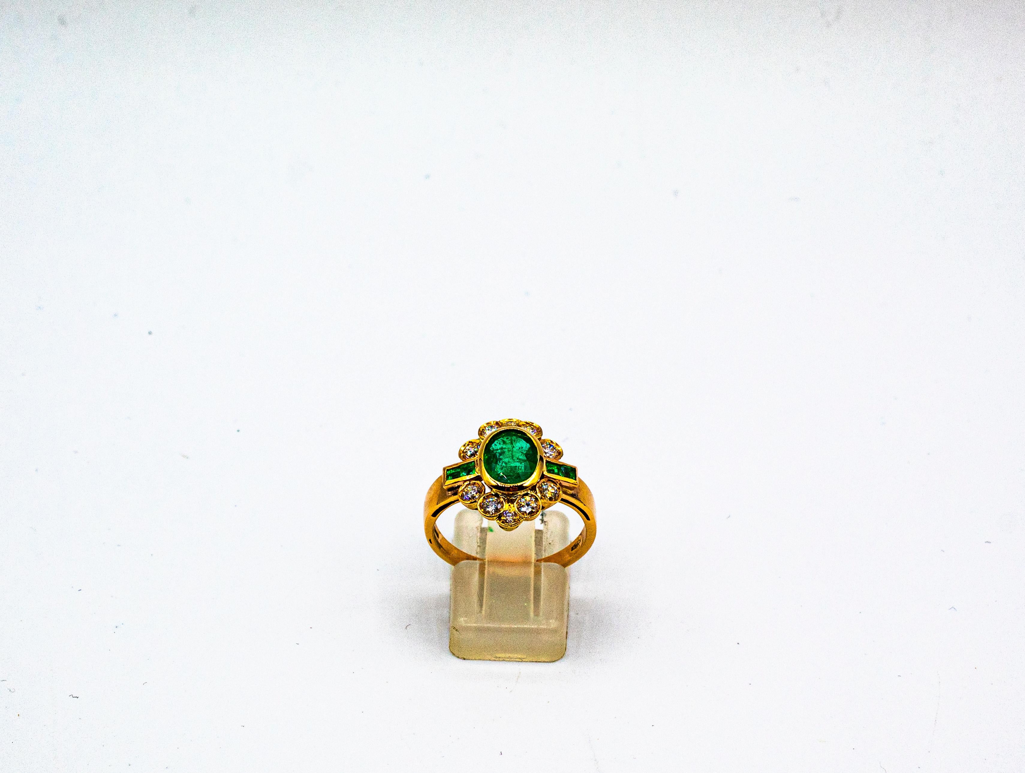 Brilliant Cut Art Deco Style White Diamond Oval Cut Emerald Yellow Gold Cocktail Ring For Sale