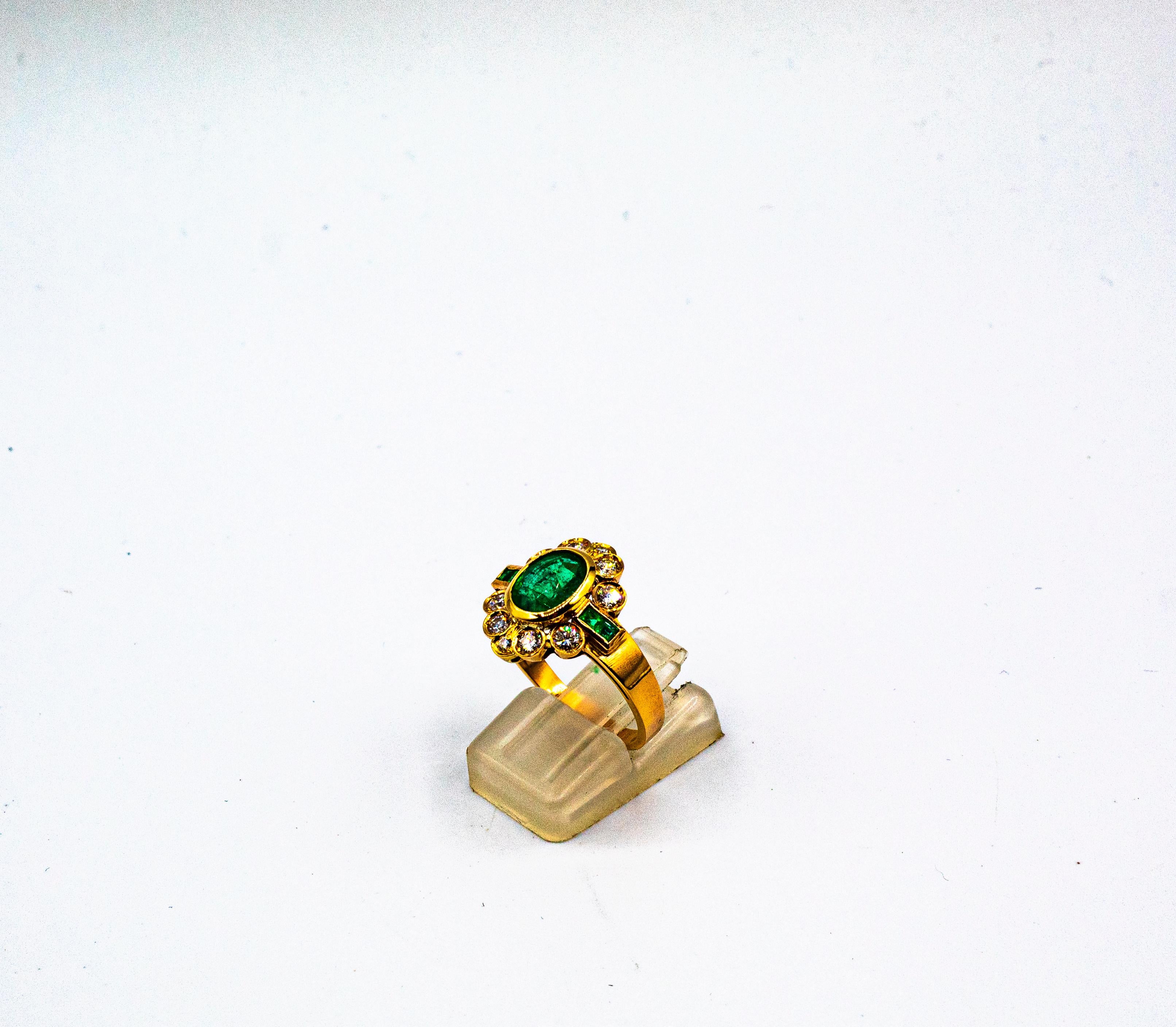Art Deco Style White Diamond Oval Cut Emerald Yellow Gold Cocktail Ring In New Condition For Sale In Naples, IT