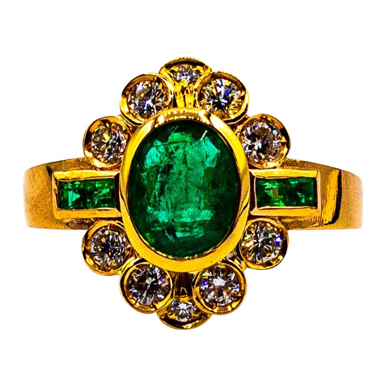 Art Deco Style White Diamond Oval Cut Emerald Yellow Gold Cocktail Ring For Sale