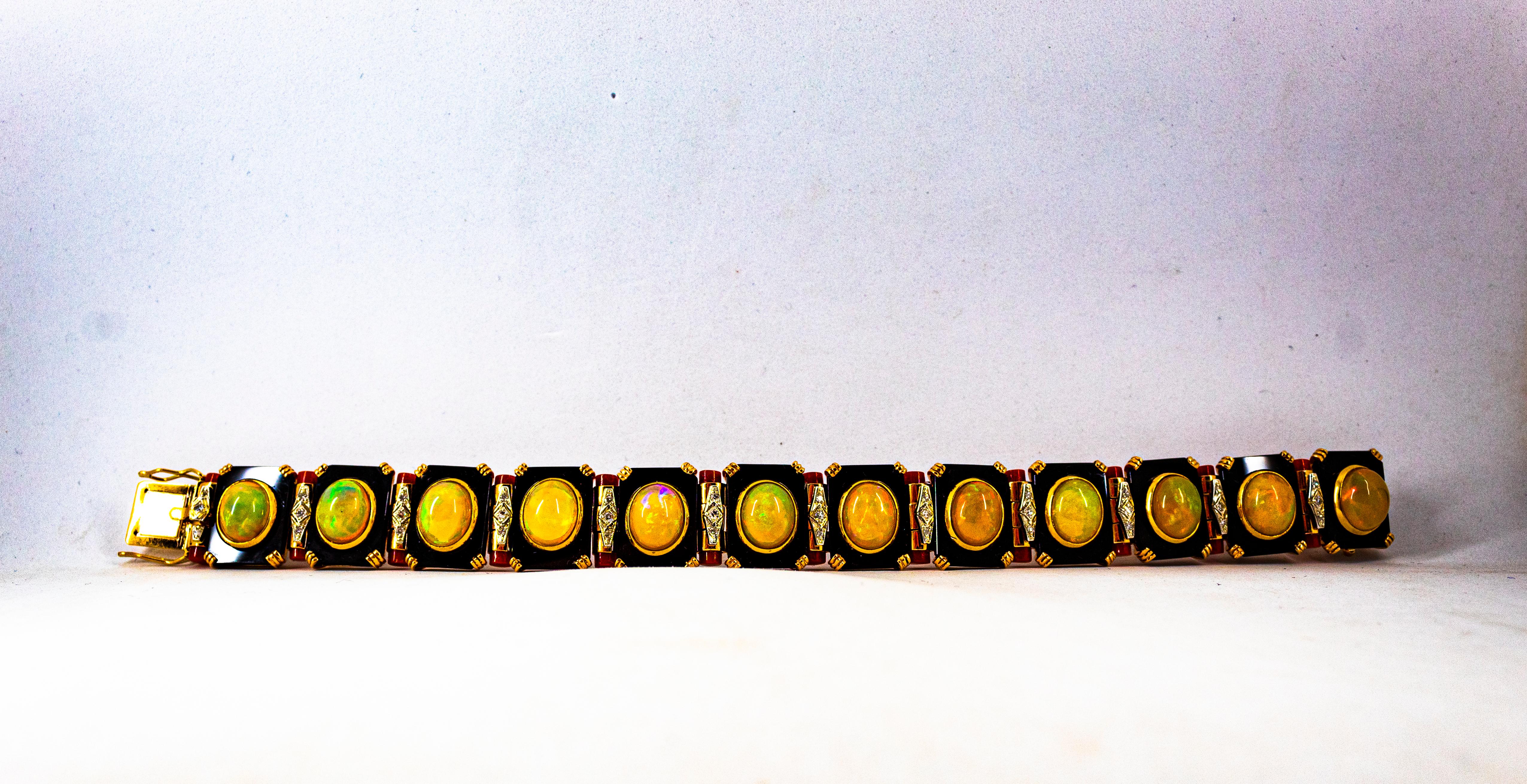 Art Deco Style White Diamond Oval Cut Opal Red Coral Onyx Yellow Gold Bracelet For Sale 5