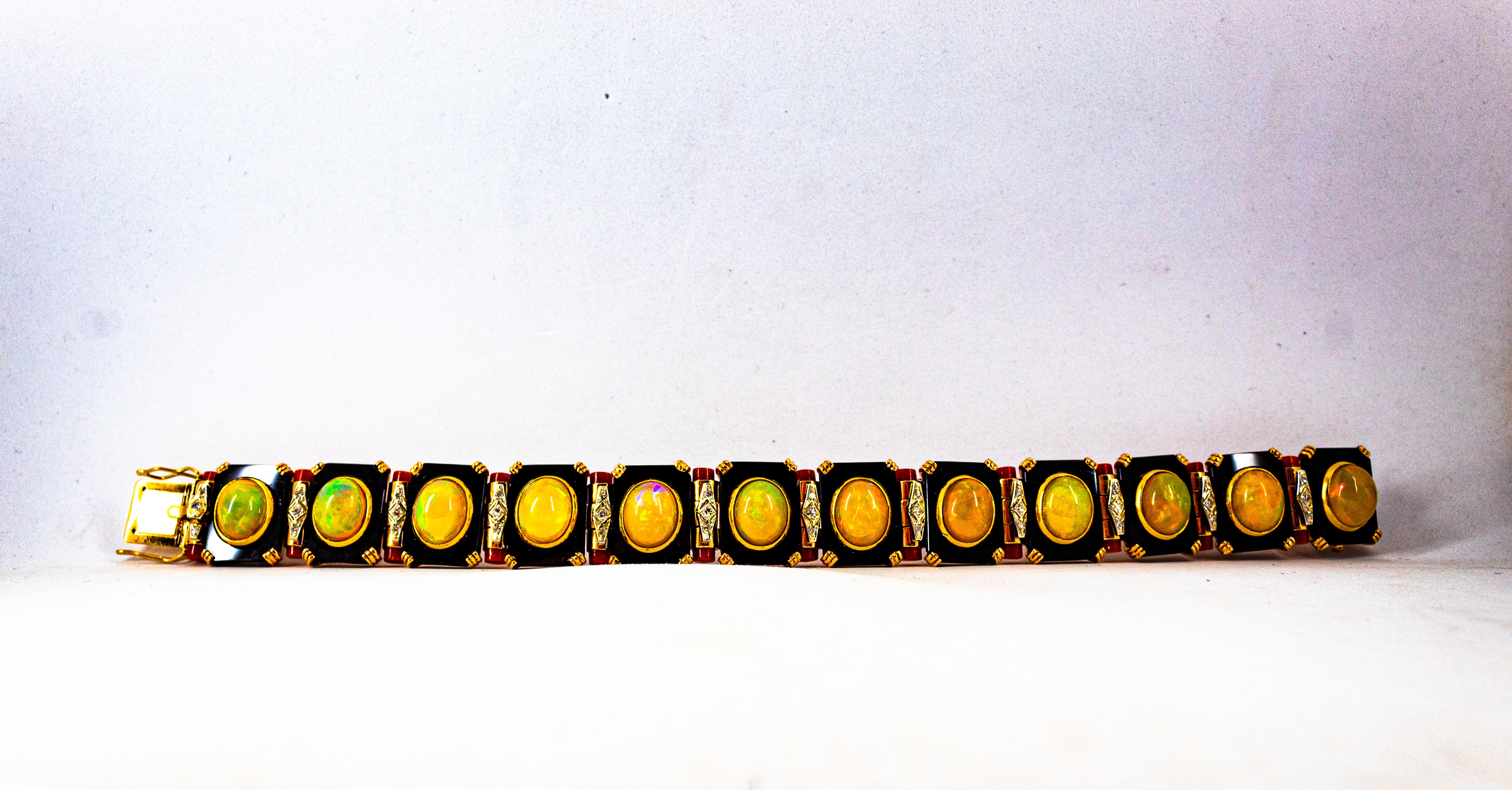 Art Deco Style White Diamond Oval Cut Opal Red Coral Onyx Yellow Gold Bracelet For Sale 6