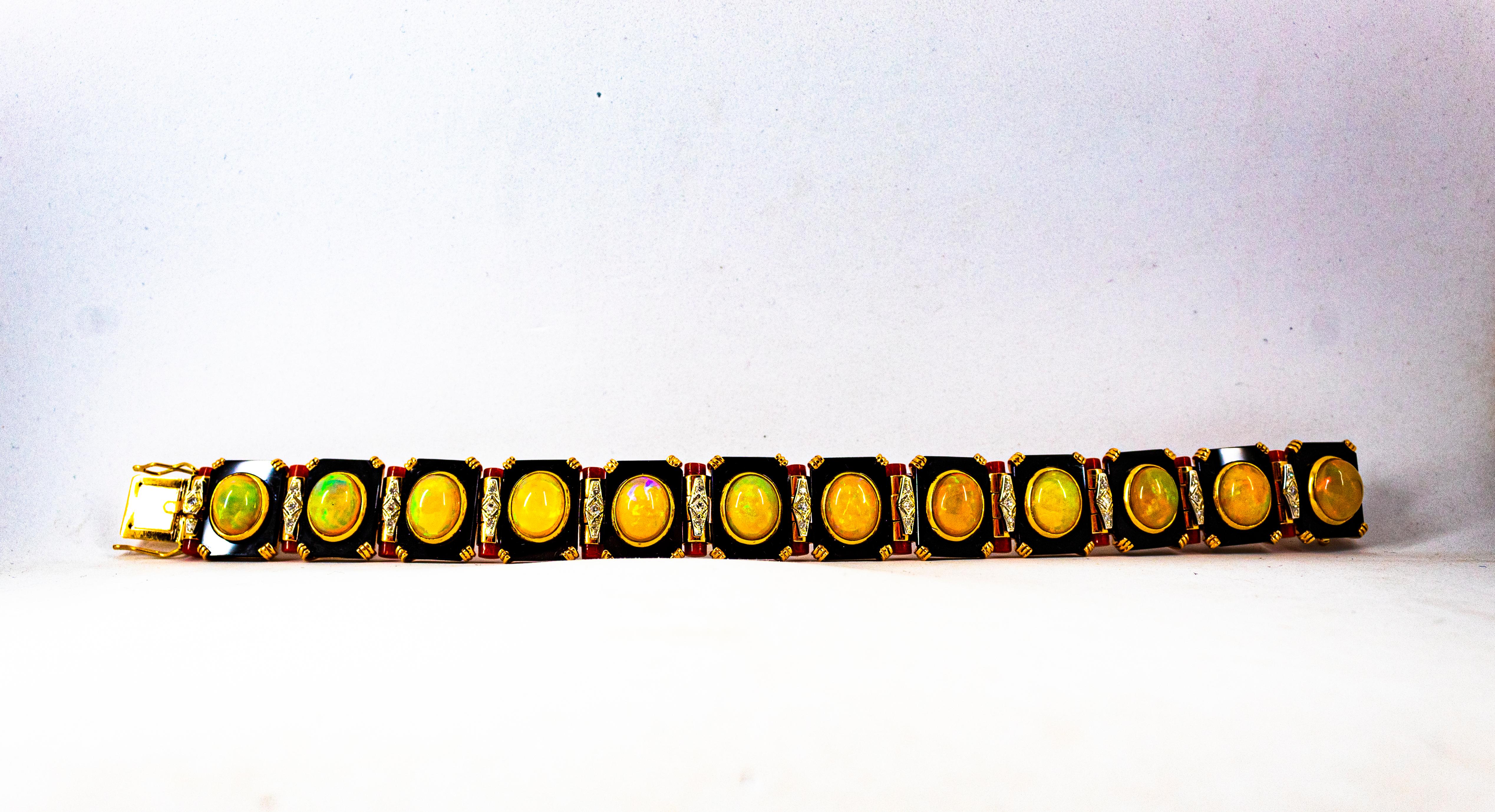 Art Deco Style White Diamond Oval Cut Opal Red Coral Onyx Yellow Gold Bracelet For Sale 7