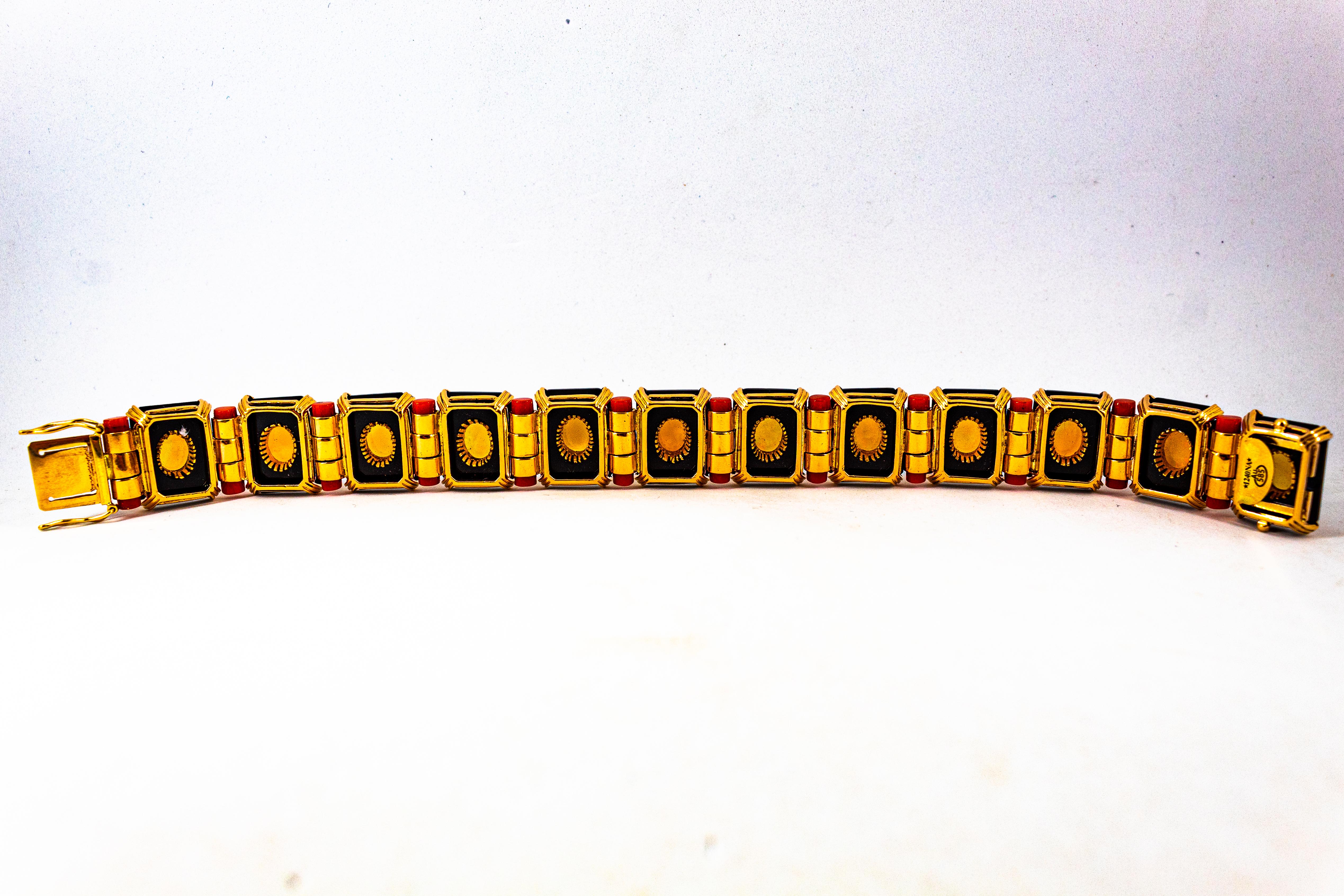 Art Deco Style White Diamond Oval Cut Opal Red Coral Onyx Yellow Gold Bracelet For Sale 8