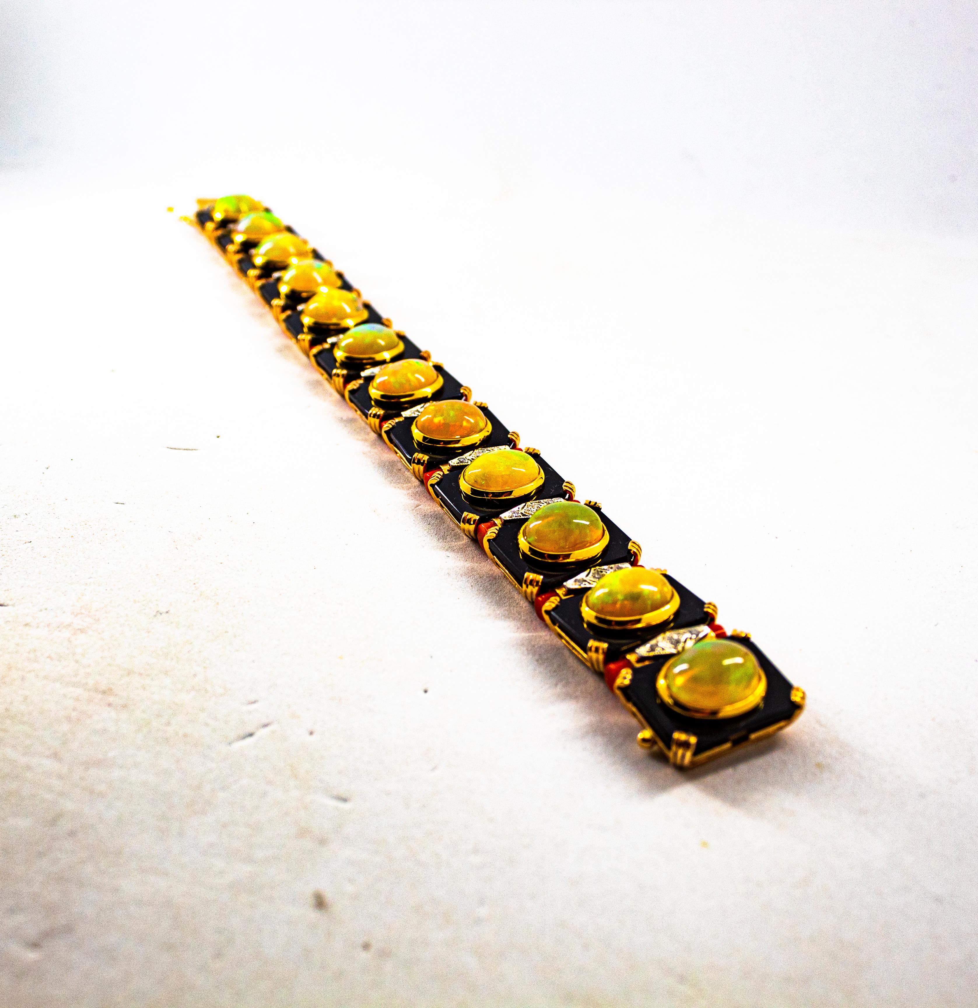 Art Deco Style White Diamond Oval Cut Opal Red Coral Onyx Yellow Gold Bracelet For Sale 9