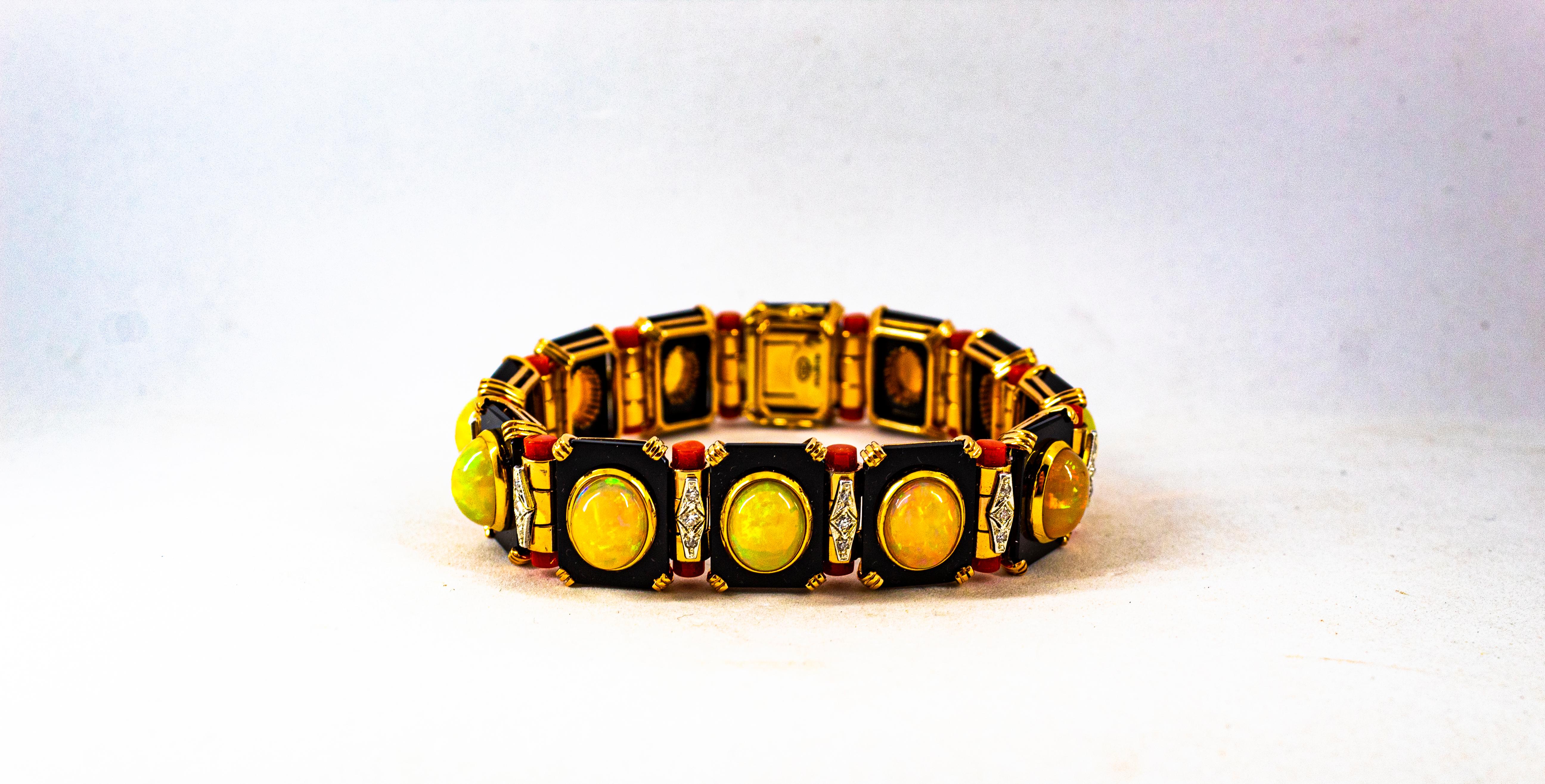 Art Deco Style White Diamond Oval Cut Opal Red Coral Onyx Yellow Gold Bracelet For Sale 10