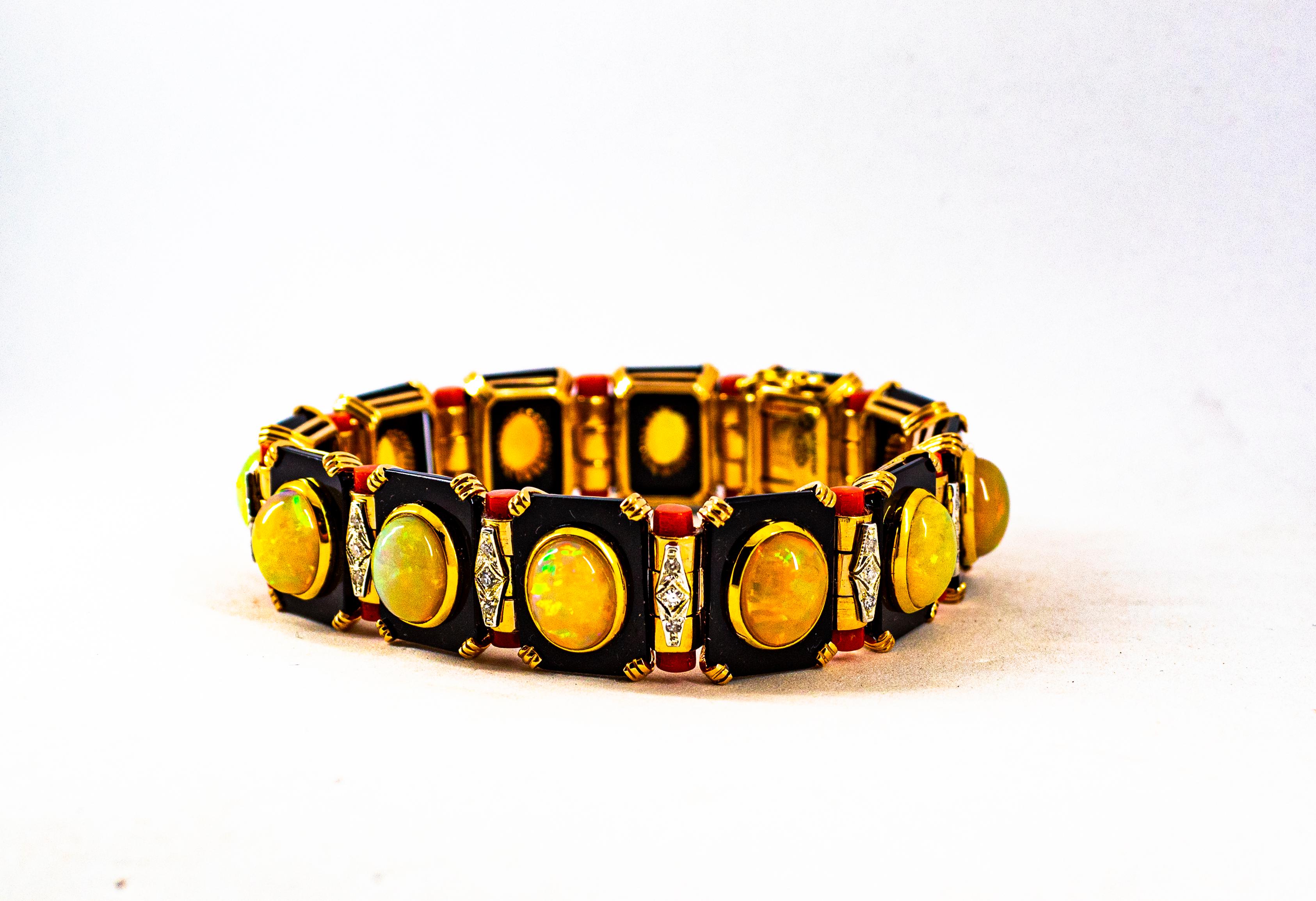 Art Deco Style White Diamond Oval Cut Opal Red Coral Onyx Yellow Gold Bracelet For Sale 11