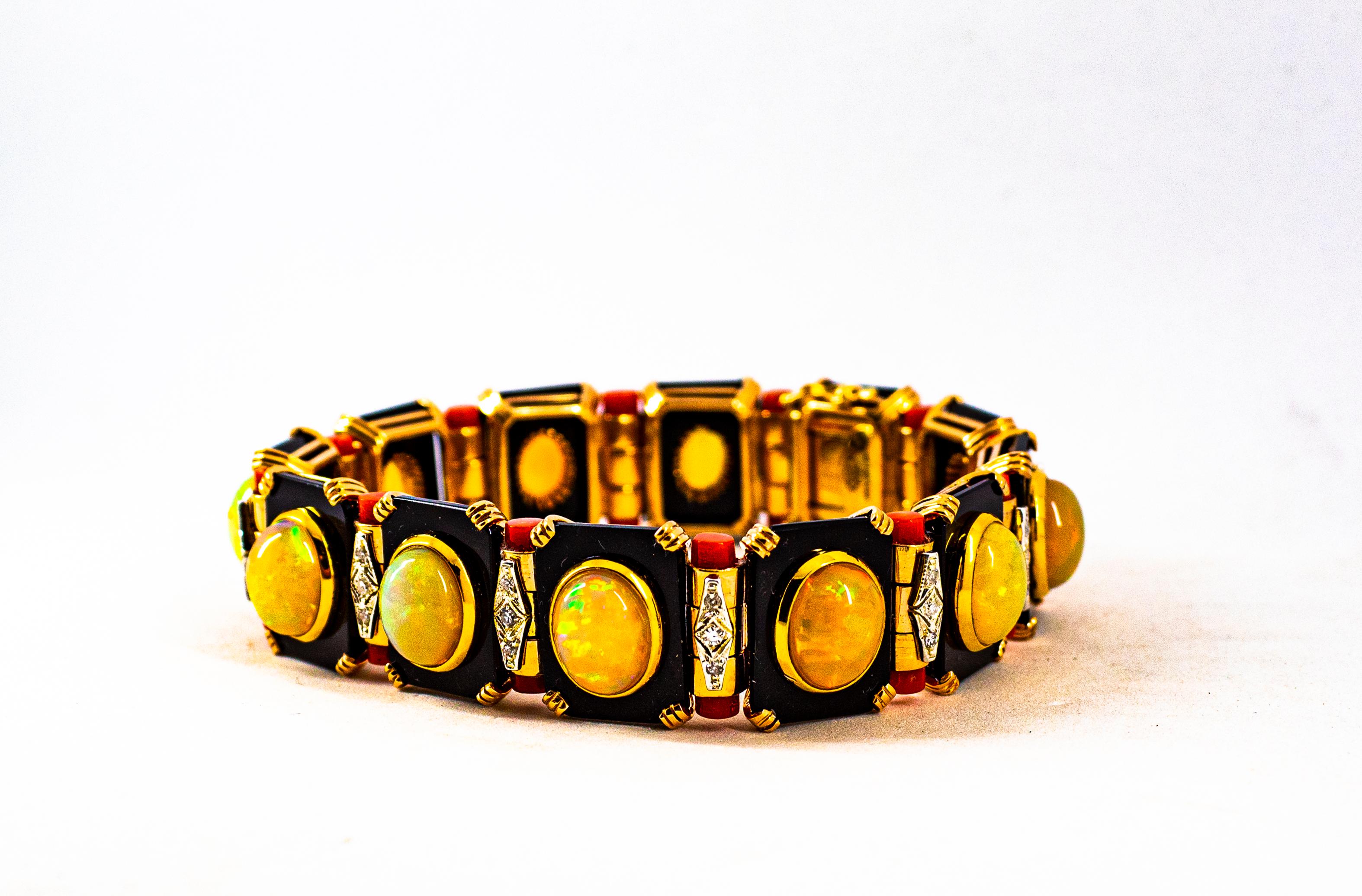 Art Deco Style White Diamond Oval Cut Opal Red Coral Onyx Yellow Gold Bracelet 12