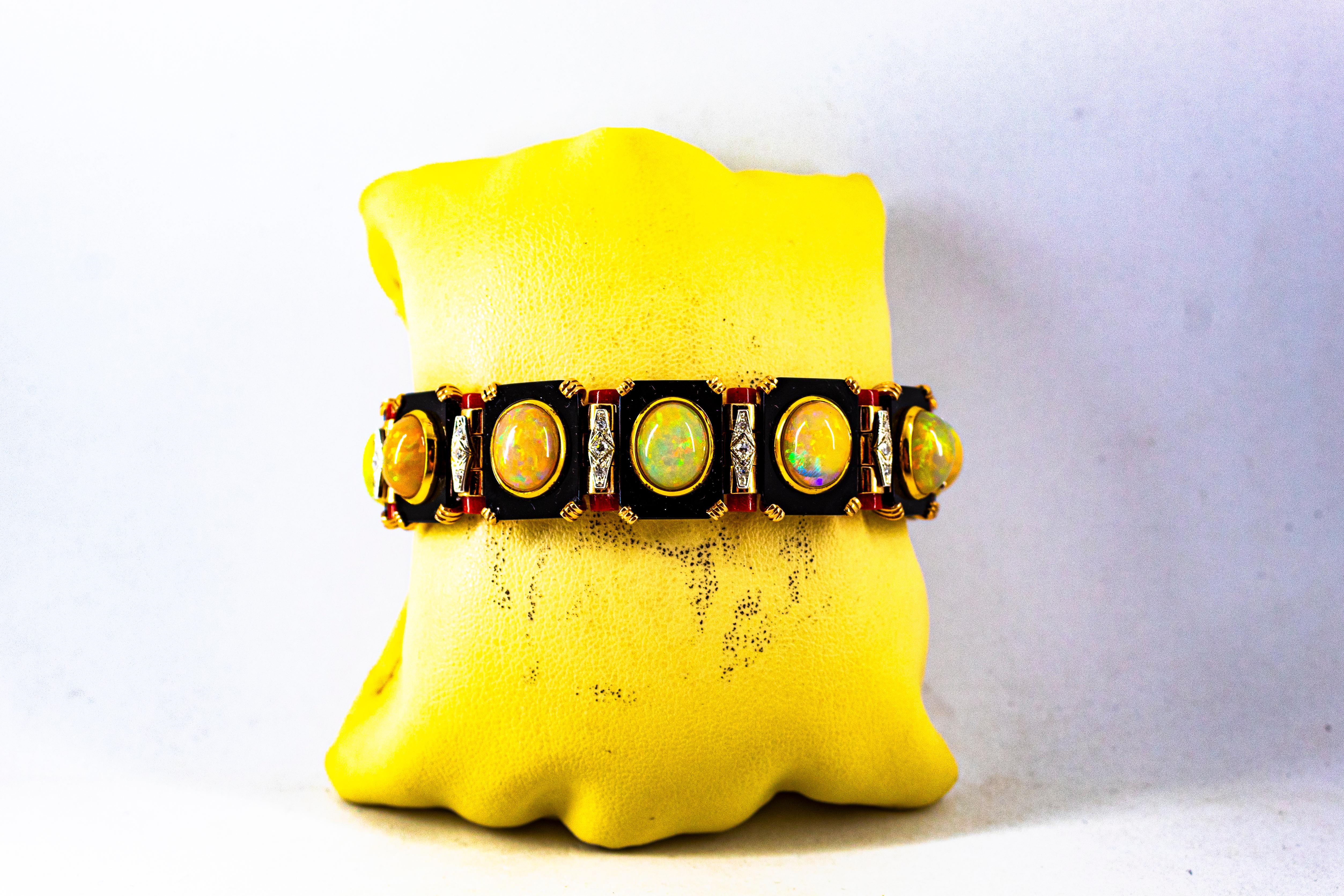 Art Deco Style White Diamond Oval Cut Opal Red Coral Onyx Yellow Gold Bracelet For Sale 13