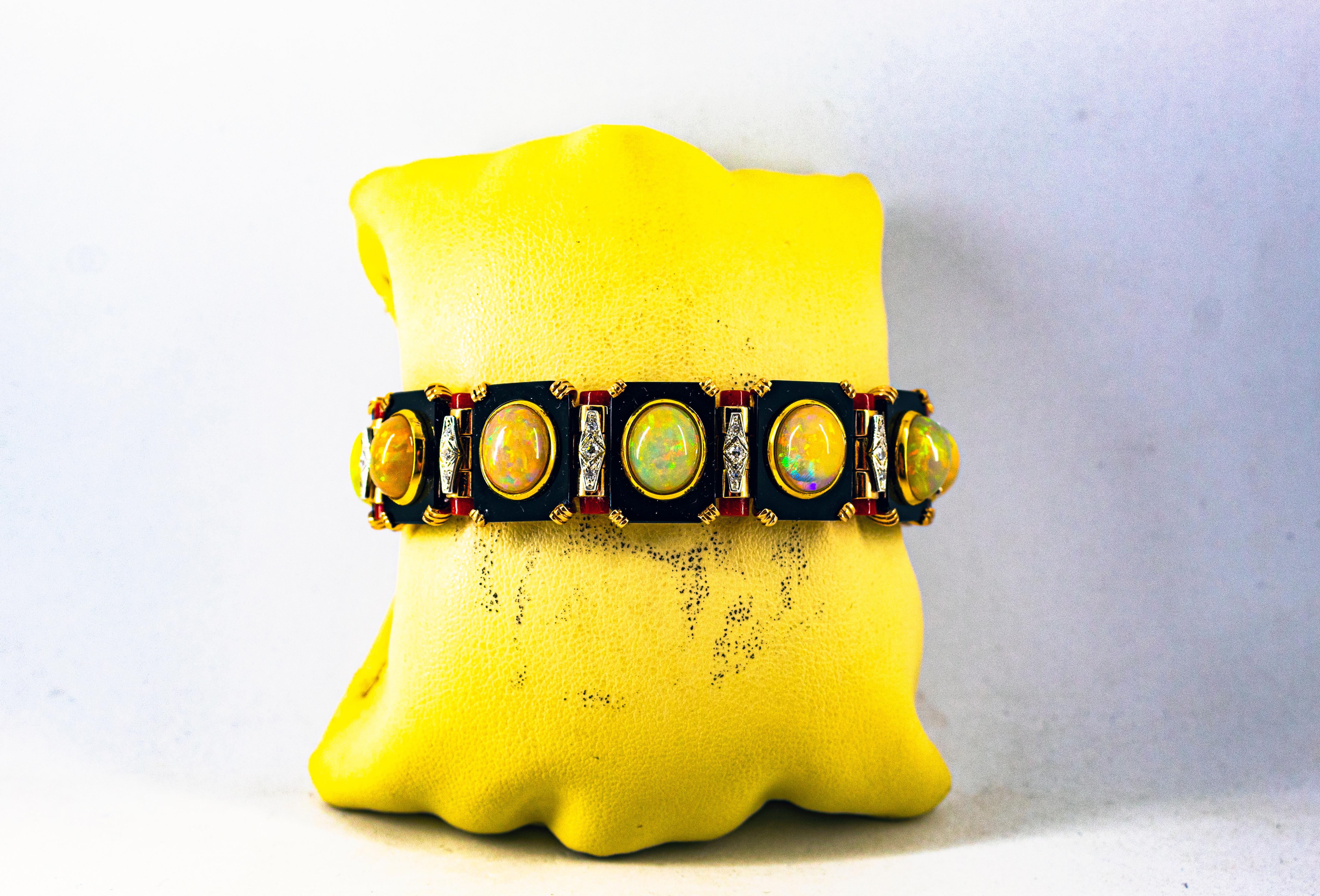 Art Deco Style White Diamond Oval Cut Opal Red Coral Onyx Yellow Gold Bracelet For Sale 14