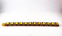 Art Deco Style White Diamond Oval Cut Opal Red Coral Onyx Yellow Gold Bracelet