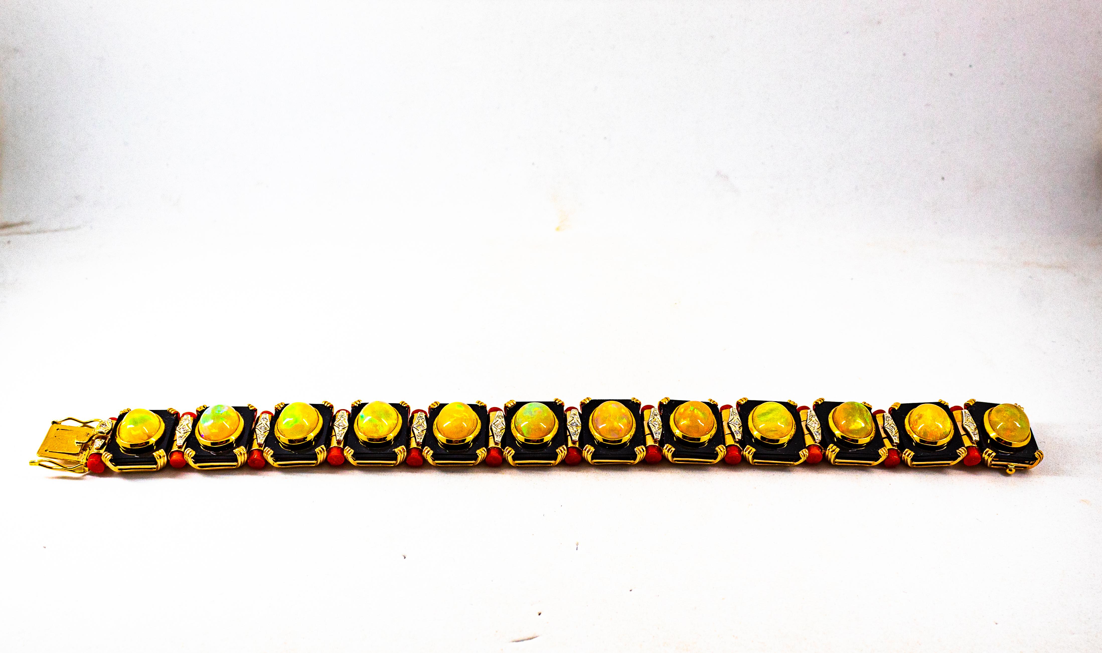 Brilliant Cut Art Deco Style White Diamond Oval Cut Opal Red Coral Onyx Yellow Gold Bracelet For Sale