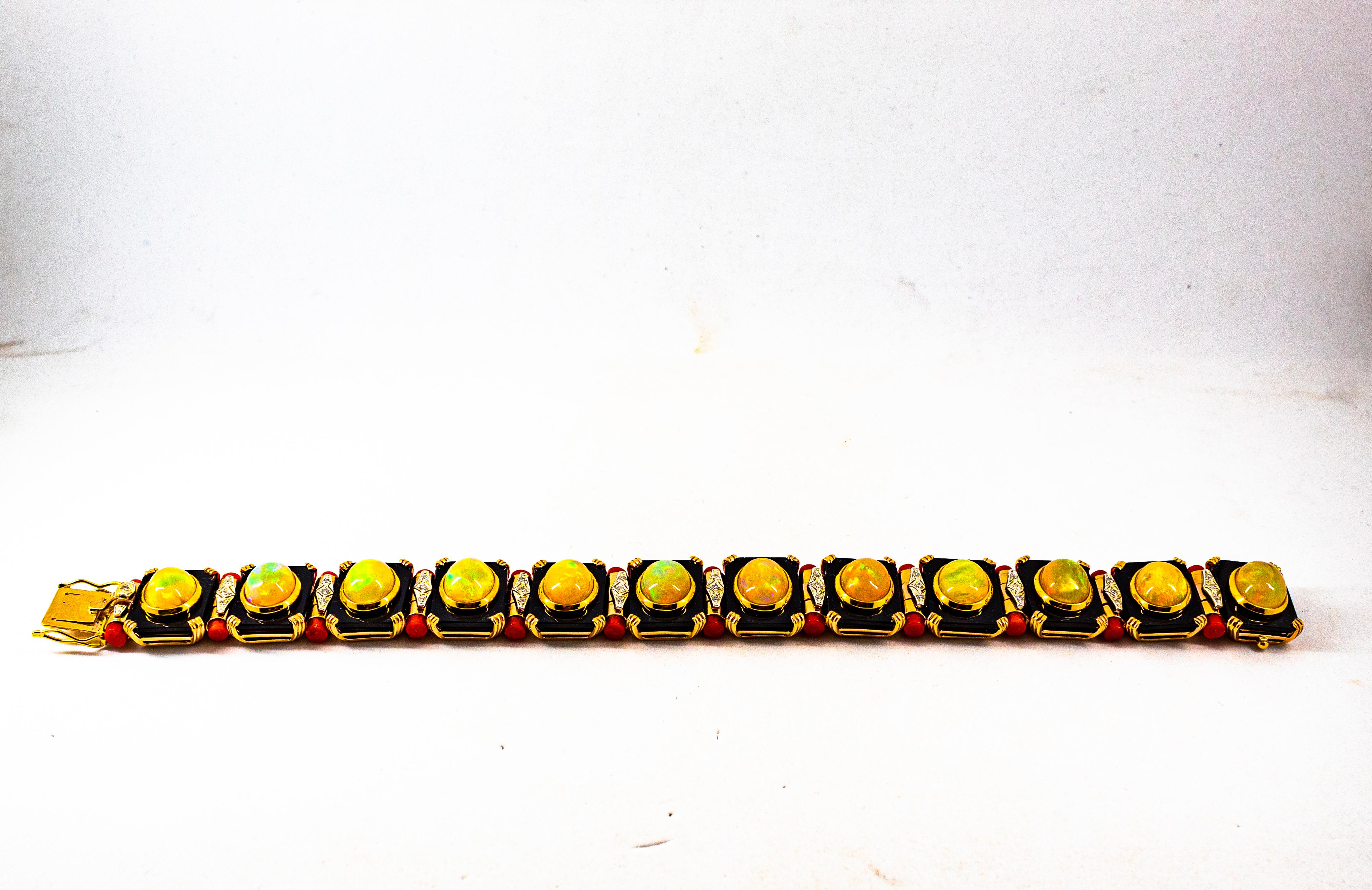 Art Deco Style White Diamond Oval Cut Opal Red Coral Onyx Yellow Gold Bracelet In New Condition For Sale In Naples, IT