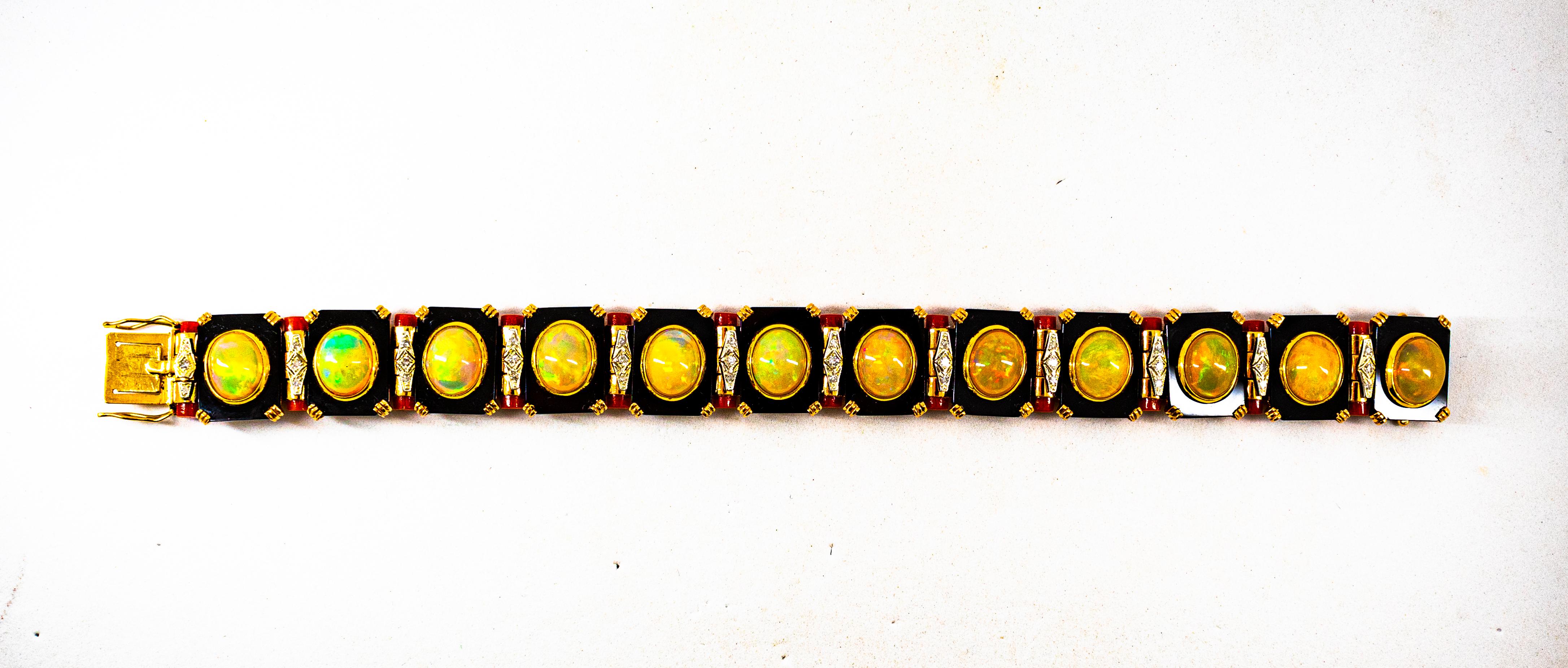 Women's or Men's Art Deco Style White Diamond Oval Cut Opal Red Coral Onyx Yellow Gold Bracelet For Sale