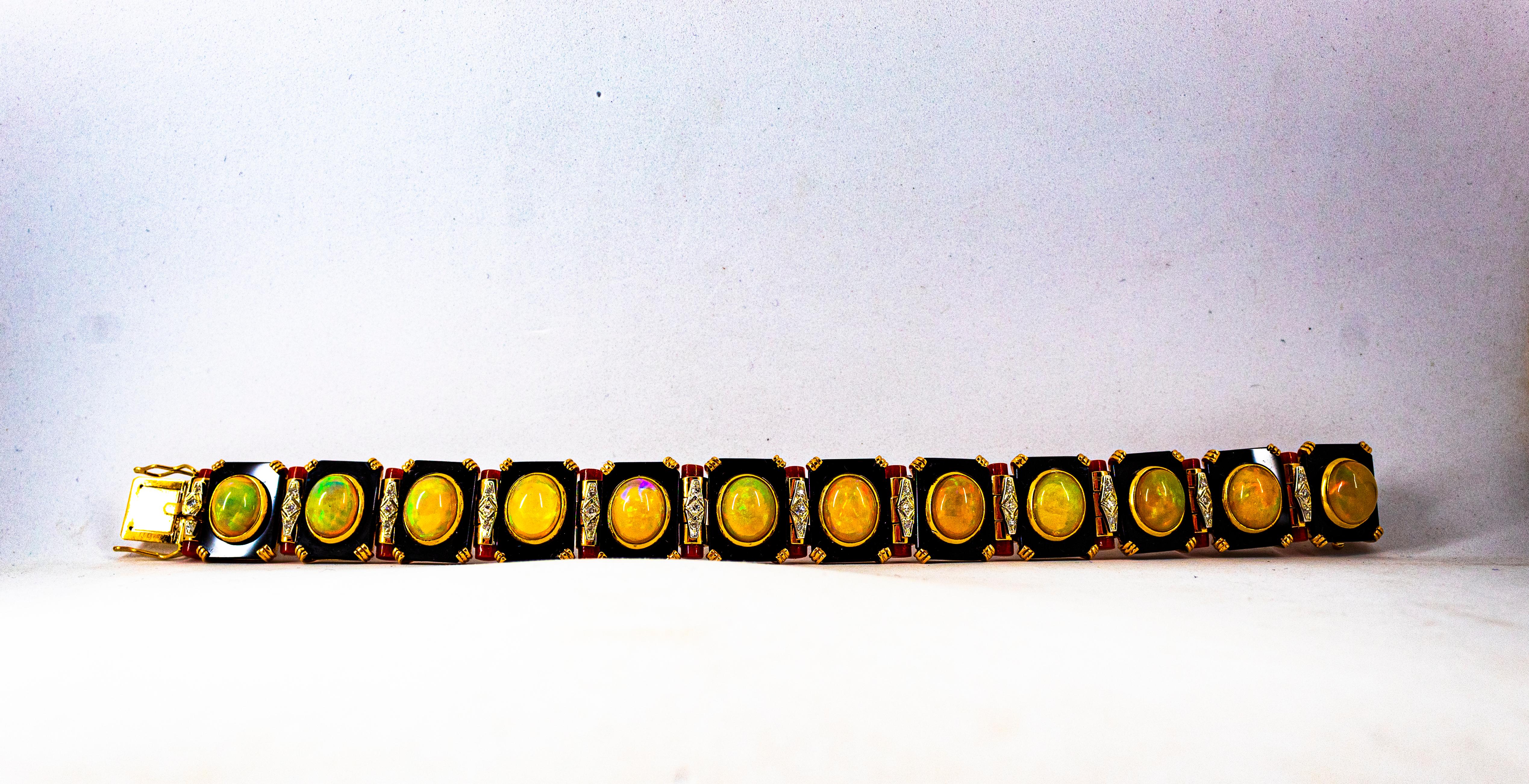 Art Deco Style White Diamond Oval Cut Opal Red Coral Onyx Yellow Gold Bracelet For Sale 1