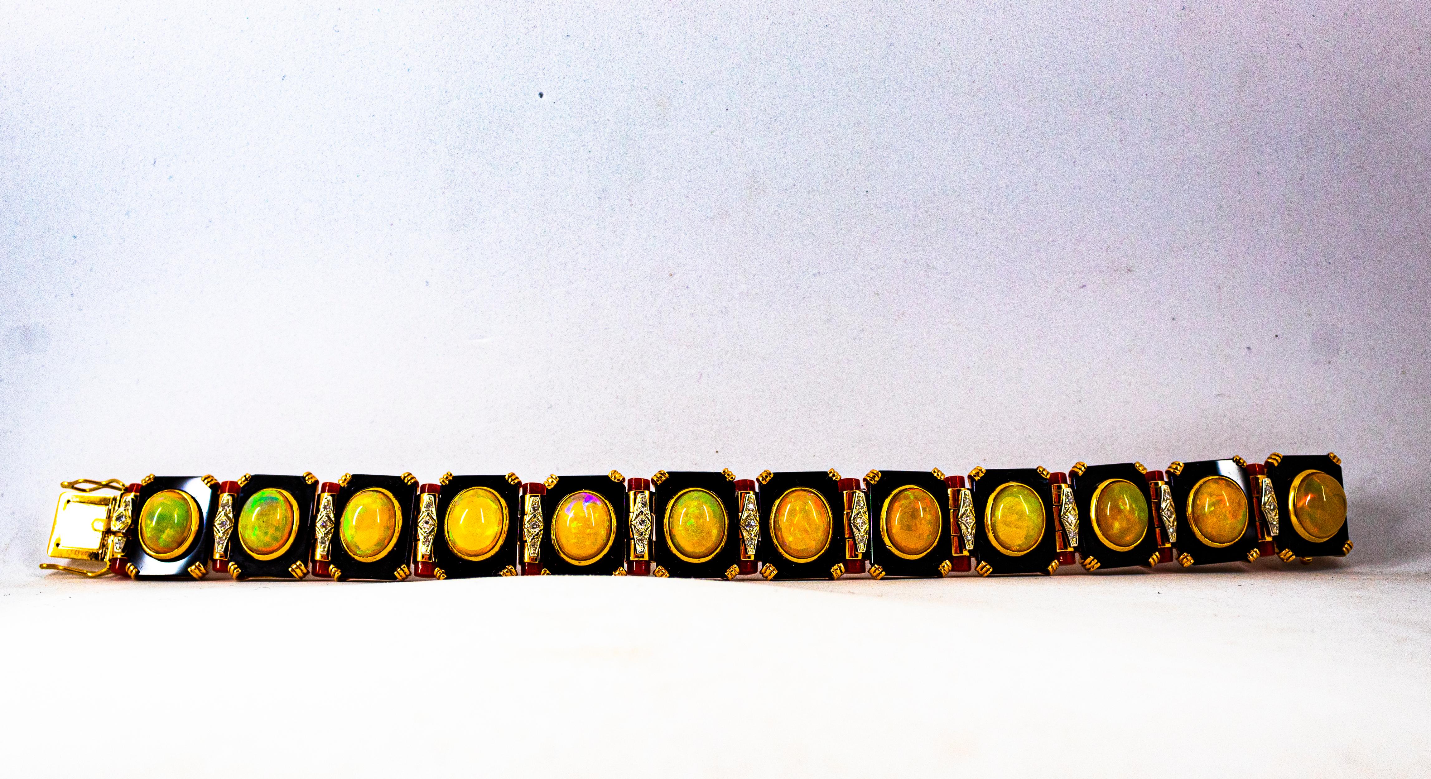 Art Deco Style White Diamond Oval Cut Opal Red Coral Onyx Yellow Gold Bracelet For Sale 2