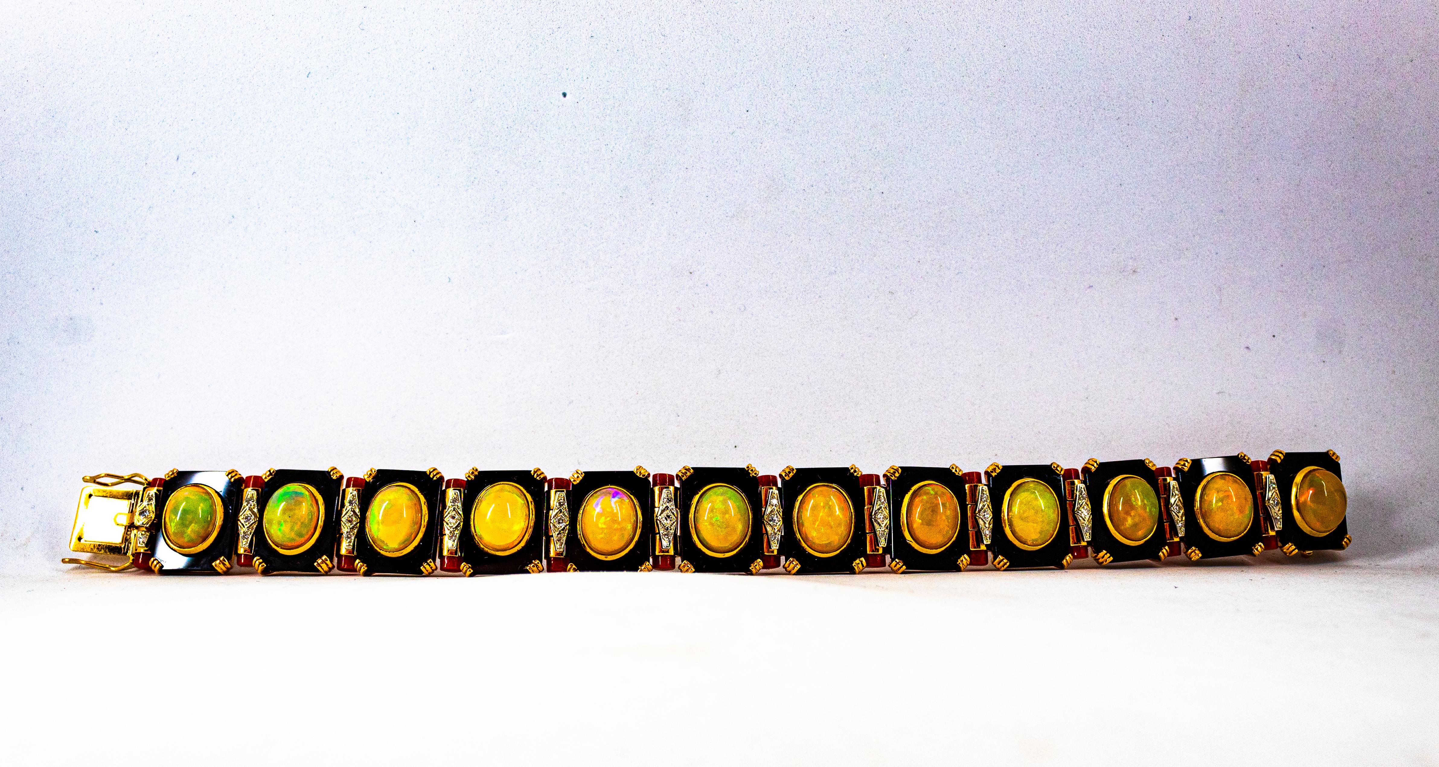 Art Deco Style White Diamond Oval Cut Opal Red Coral Onyx Yellow Gold Bracelet For Sale 3