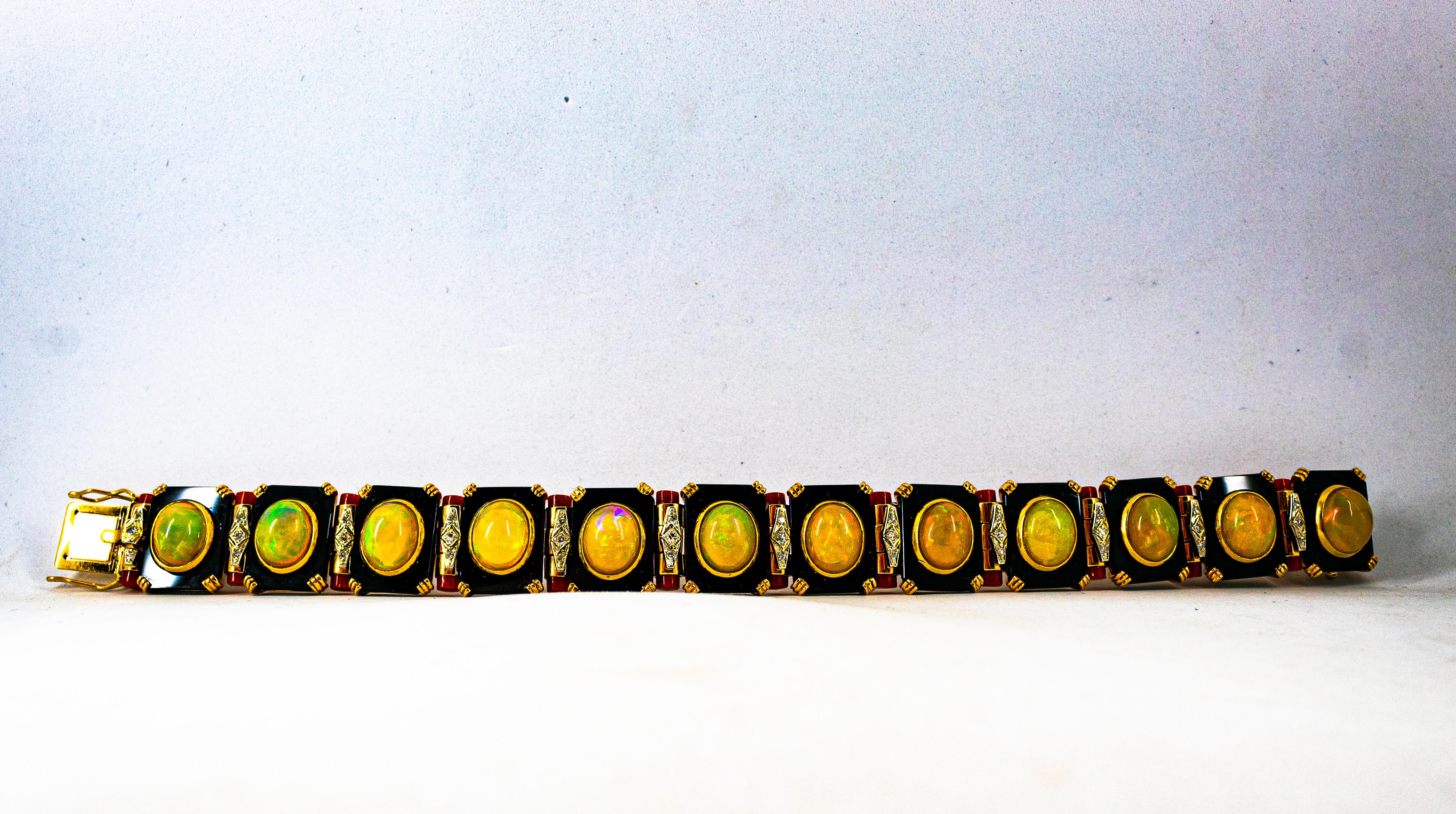 Art Deco Style White Diamond Oval Cut Opal Red Coral Onyx Yellow Gold Bracelet For Sale 4