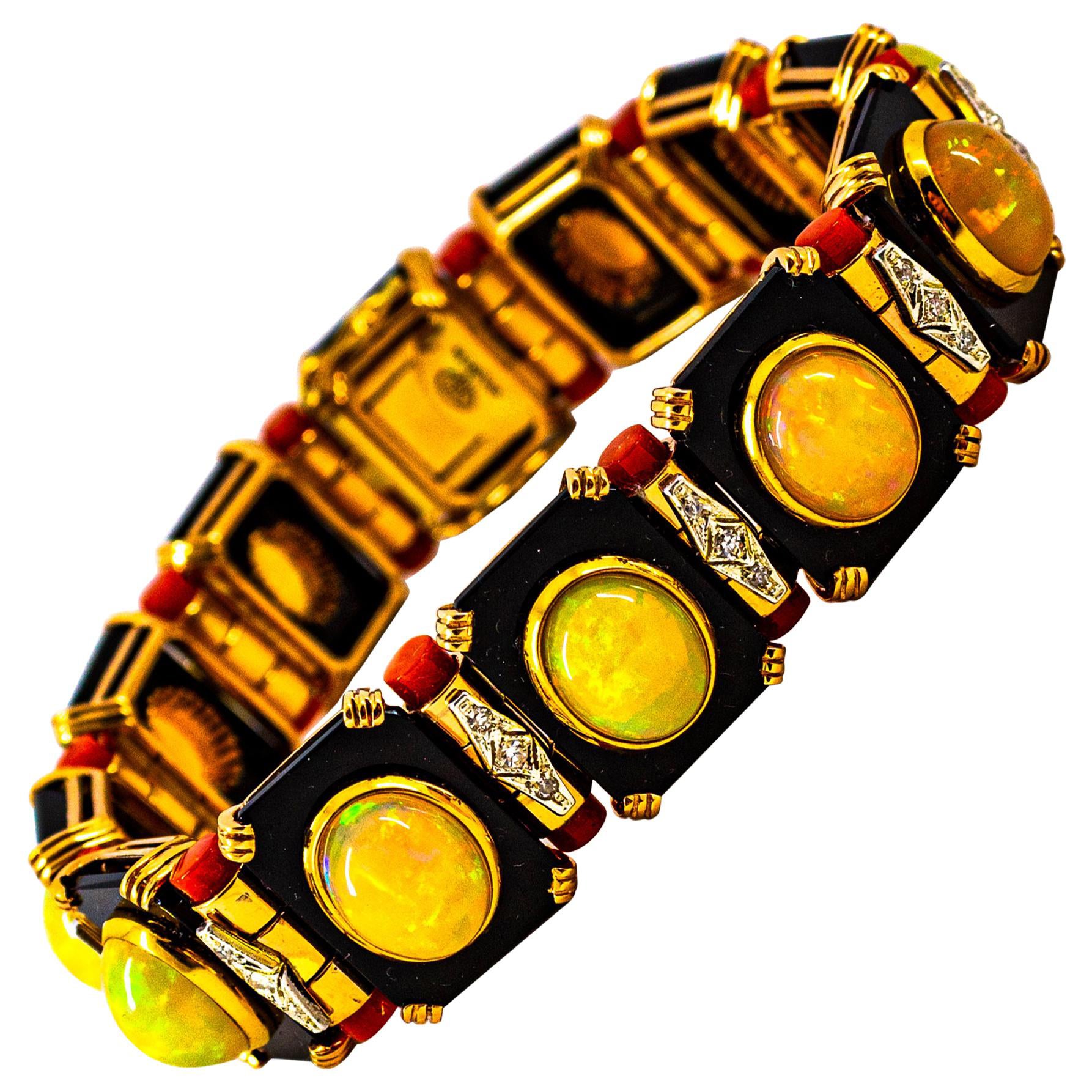Art Deco Style White Diamond Oval Cut Opal Red Coral Onyx Yellow Gold Bracelet